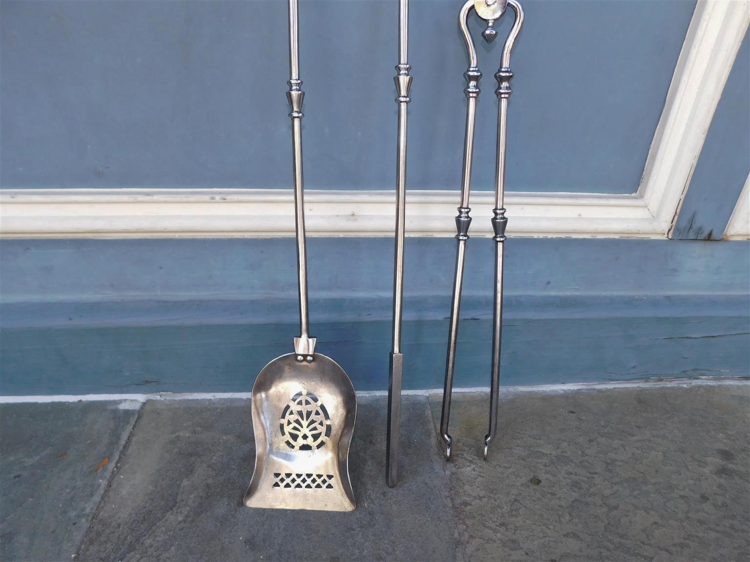 Late 18th Century Set of English Urn Finial and Pierced Polished Steel Fire Tools, Circa 1780 For Sale