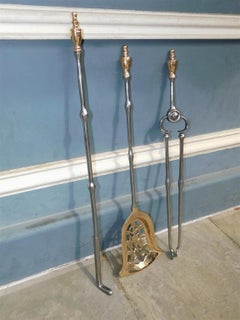 Set of English Urn Finial Brass and Polished Steel Engraved Fire Tools, C. 1770