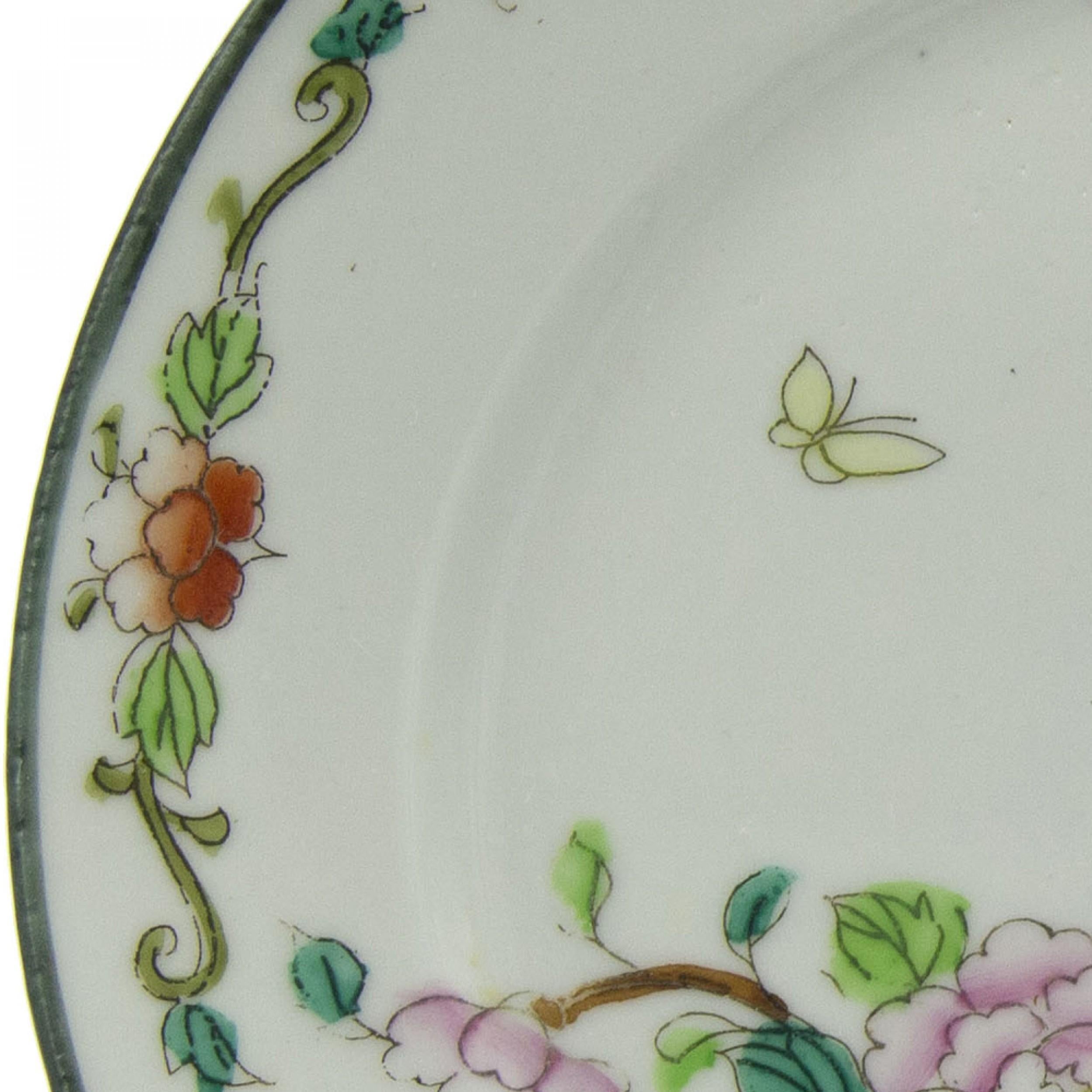 Lote de 6 platos de porcelana blanca con diseño floral y de pájaros con borde verde