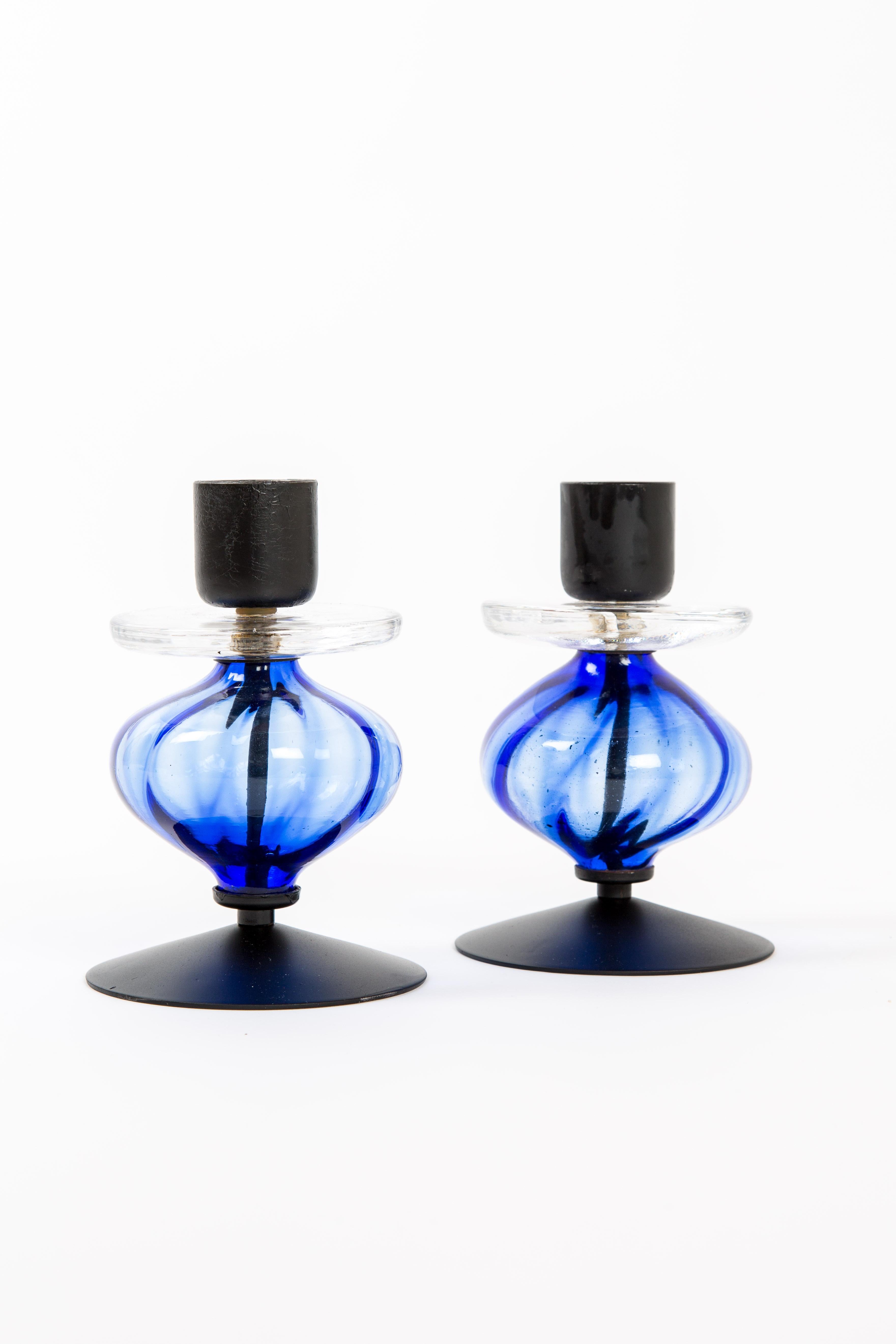 Mid-20th Century Set of Erik Hoglund for Boda Candelabras with Blue Art Glass For Sale