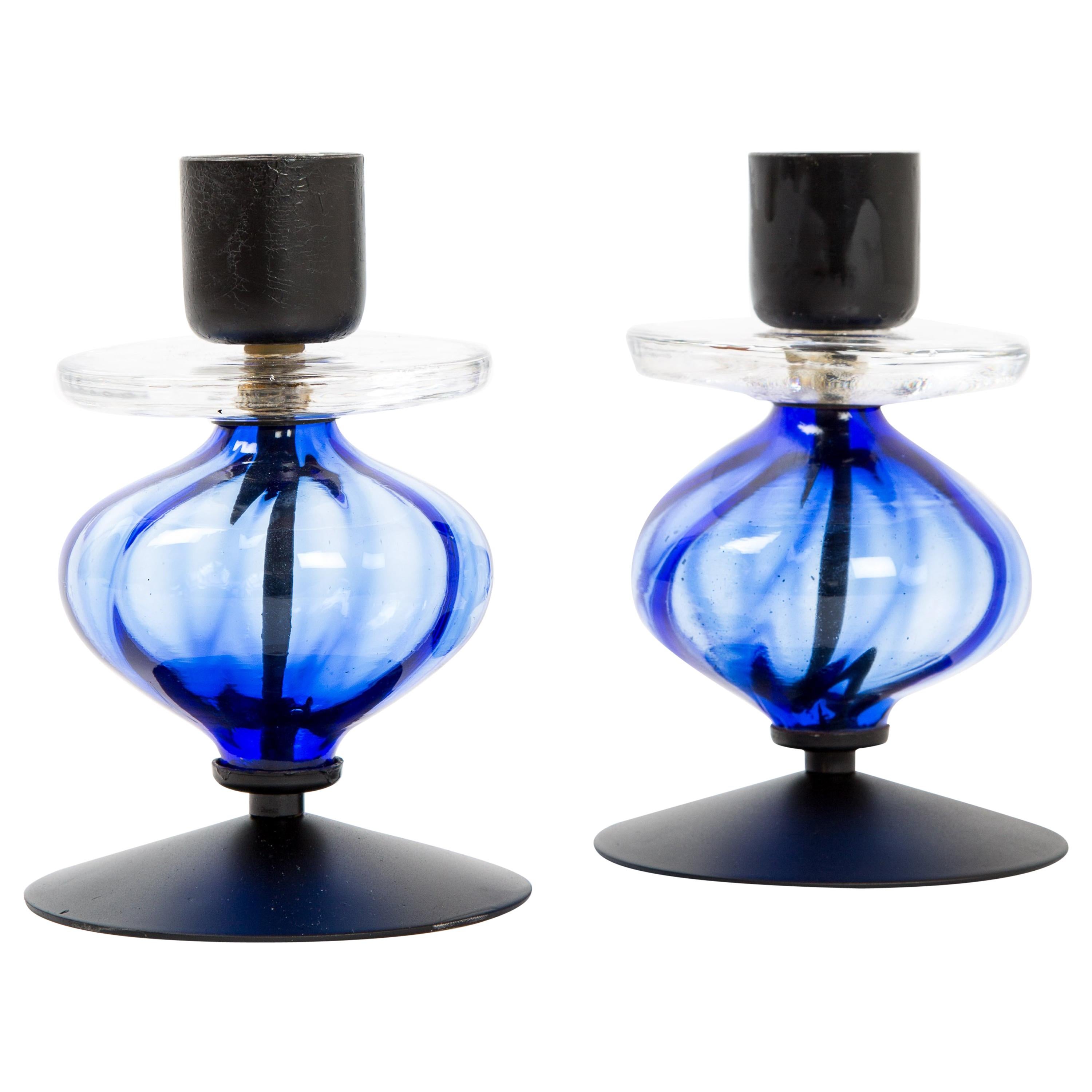 Set of Erik Hoglund for Boda Candelabras with Blue Art Glass For Sale