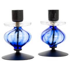 Set of Erik Hoglund for Boda Candelabras with Blue Art Glass