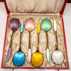 Set of Estate Danish Spoons Sterling Silver with Polychrome Enamel, circa 1930