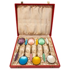 Set of Estate Danish Spoons Sterling Silver with Polychrome Enamel, circa 1930