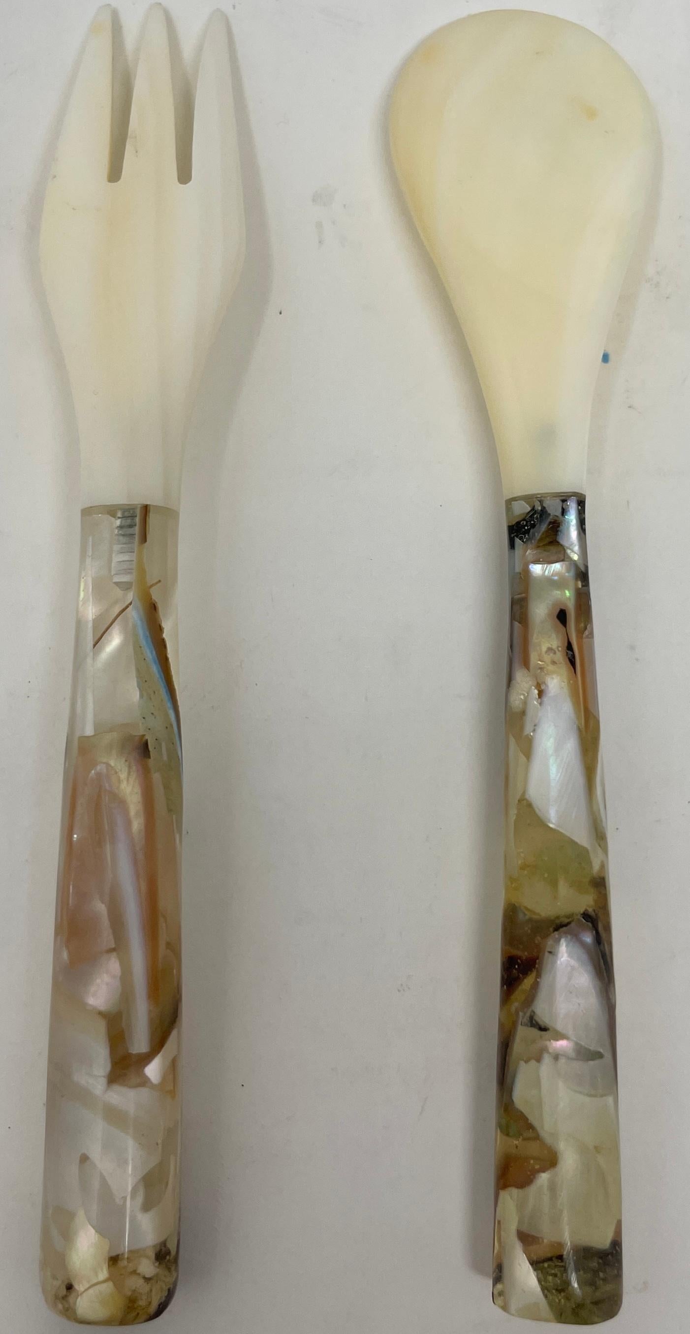 Set of Estate Mother of Pearl with Composite Handles Caviar Serving Spoon & Fork In Good Condition In New Orleans, LA