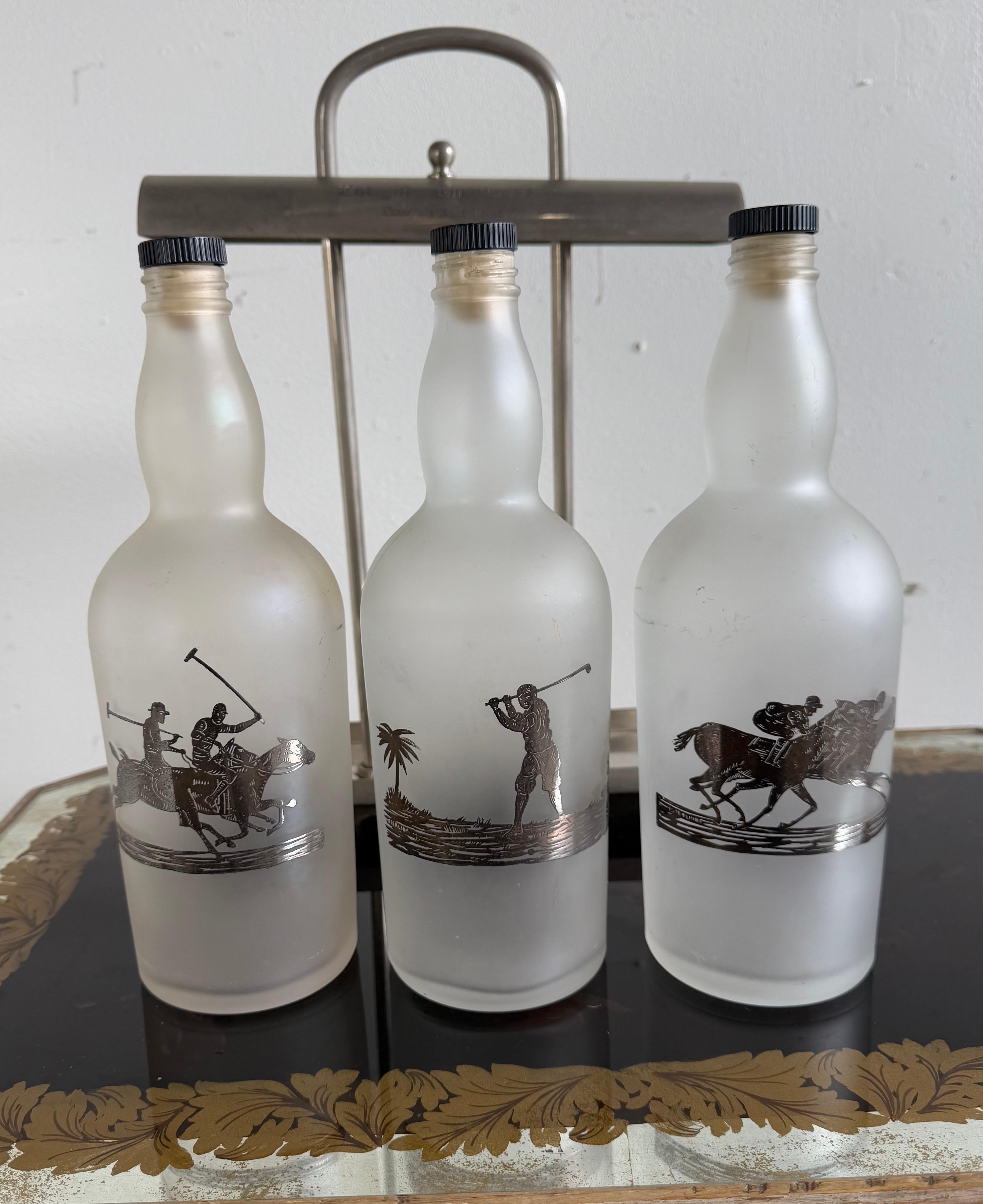 English Set of Etched Polo Player Bottles in Silver Tantalus C. 1930's For Sale