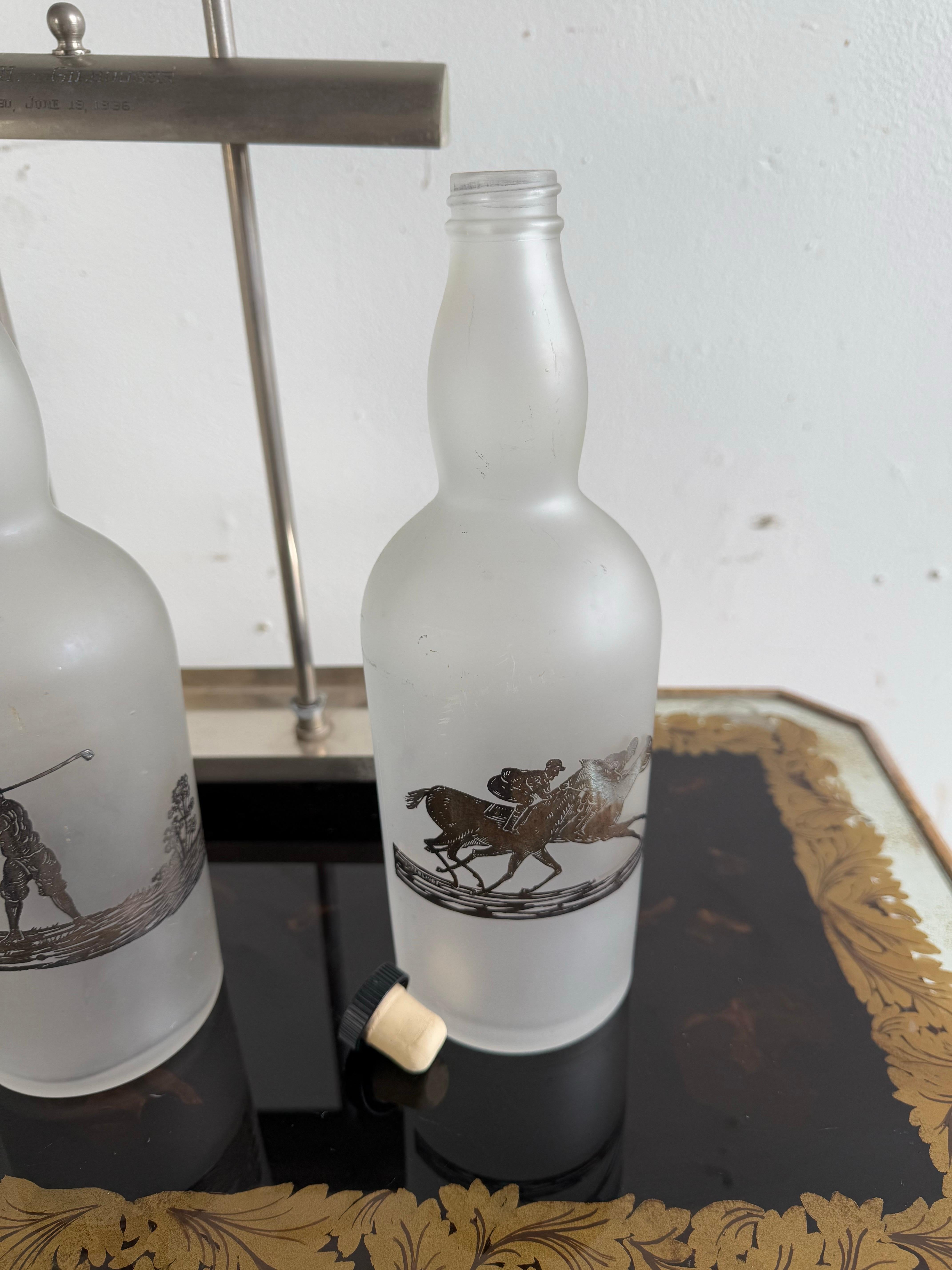 Mid-20th Century Set of Etched Polo Player Bottles in Silver Tantalus C. 1930's For Sale