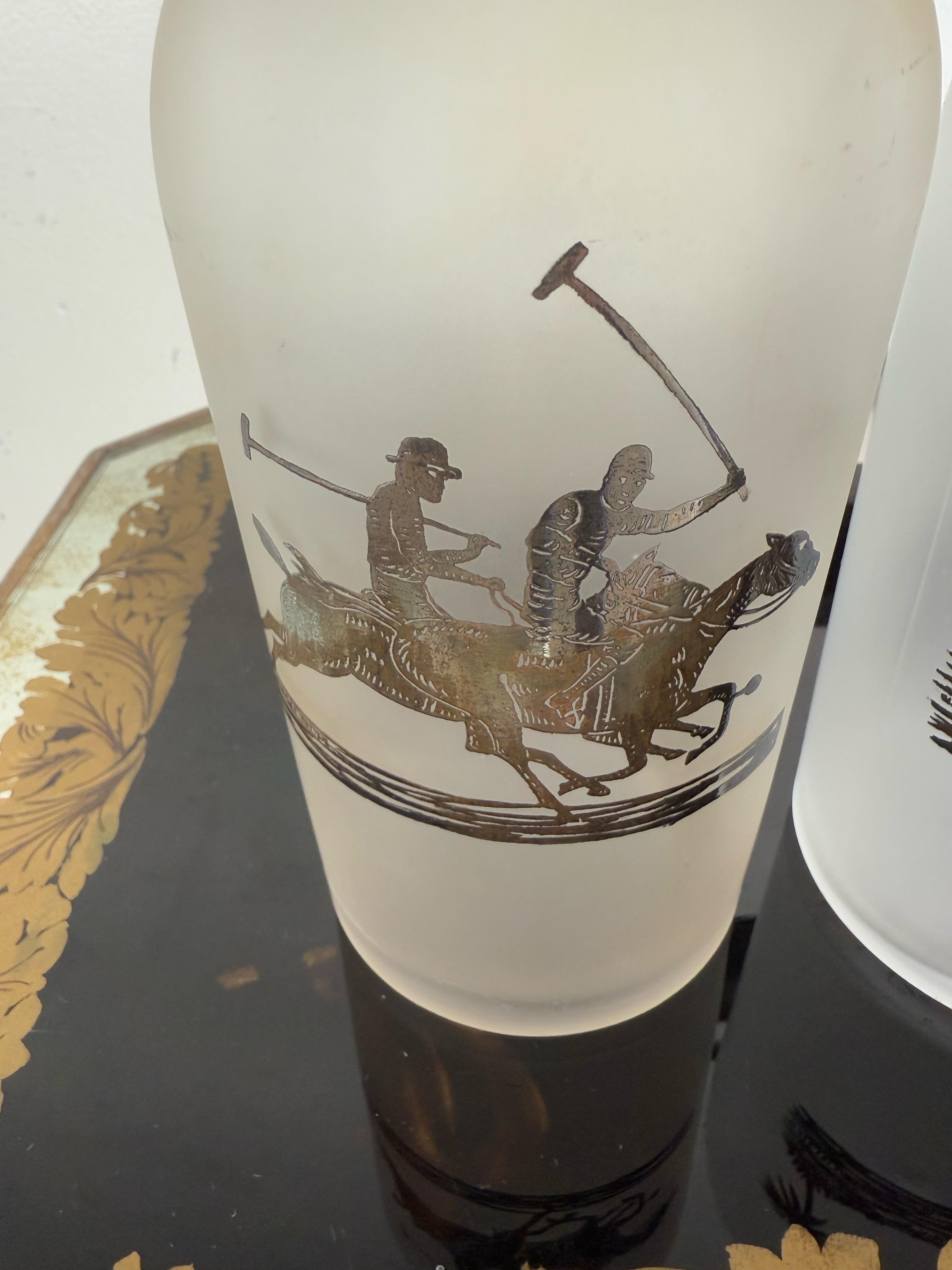 Metal Set of Etched Polo Player Bottles in Silver Tantalus C. 1930's For Sale