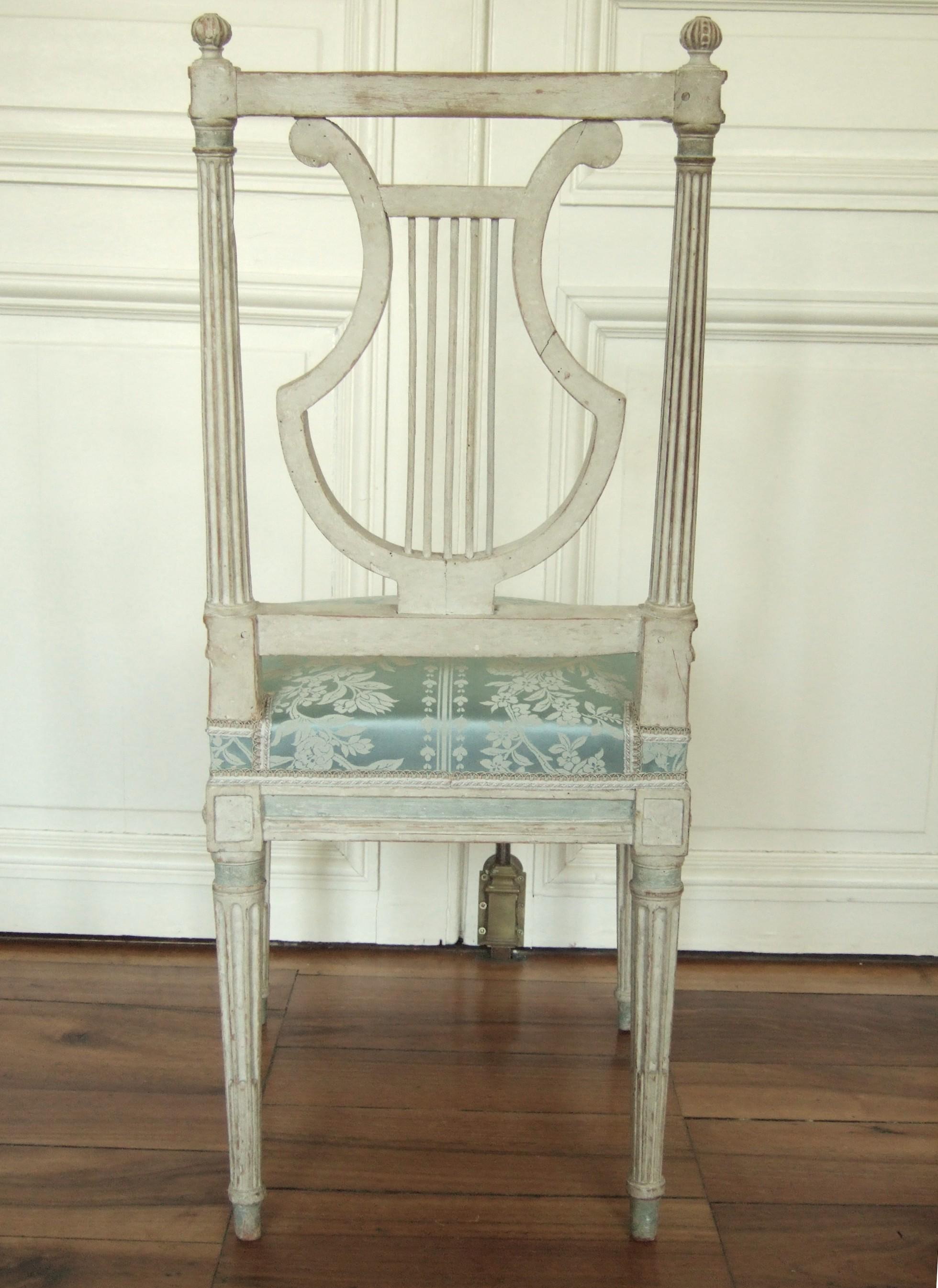 Silk French chairs Original Jacob Model Lyre of Louis XVI, Late 18th Century  For Sale