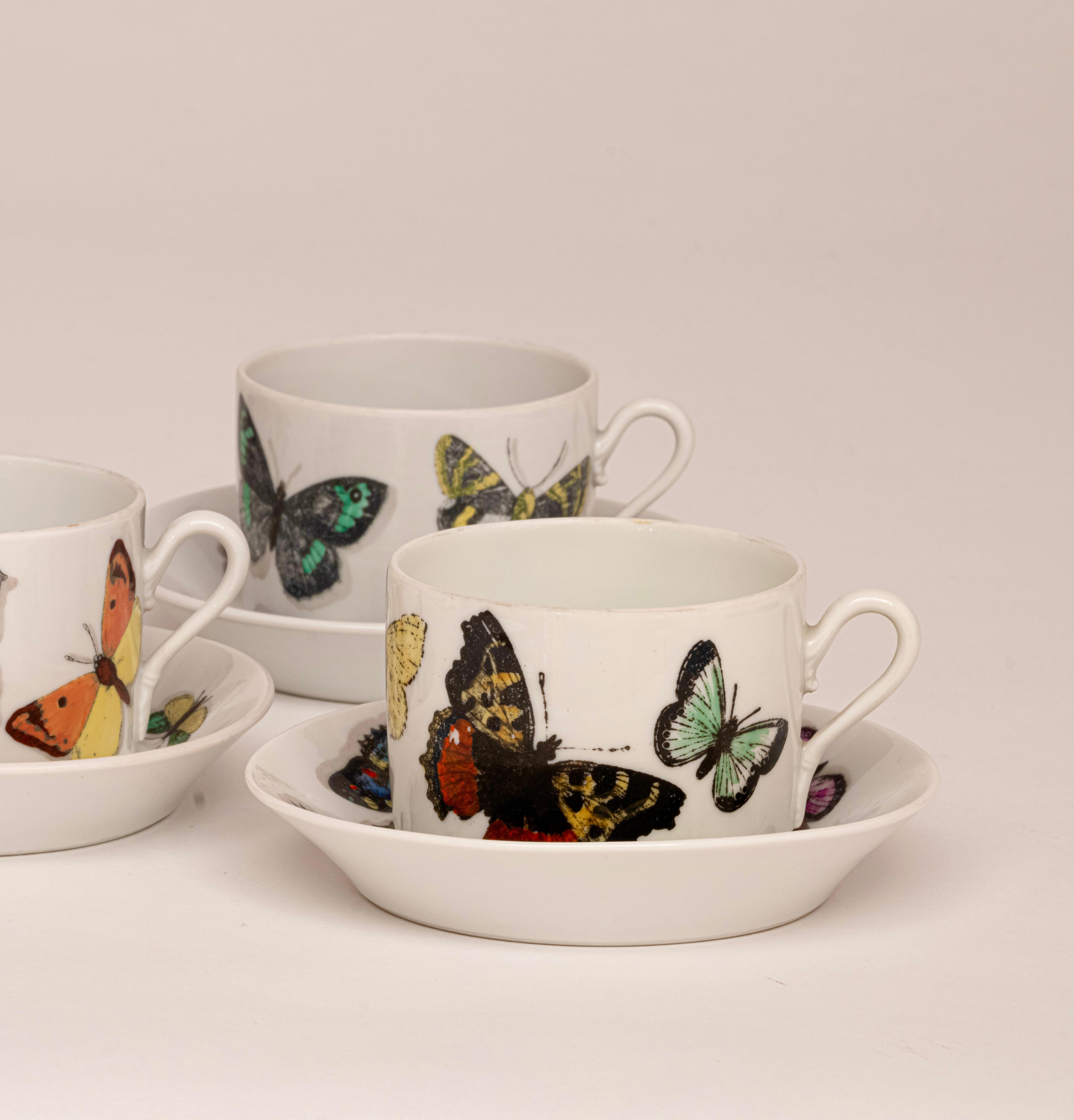 Mid-Century Modern Set of ‘Farfalle’ Butterflies Cups and Saucers by Piero Fornasetti, Italy, 1955 For Sale