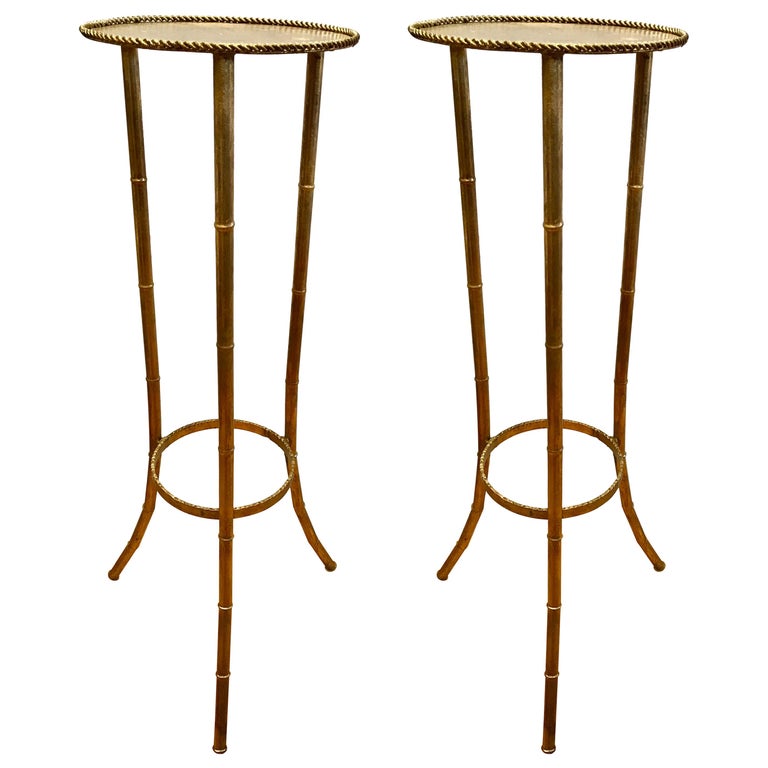 Set of Faux Bamboo Gold Tole Metal Display Plant Stands Pedestals For
