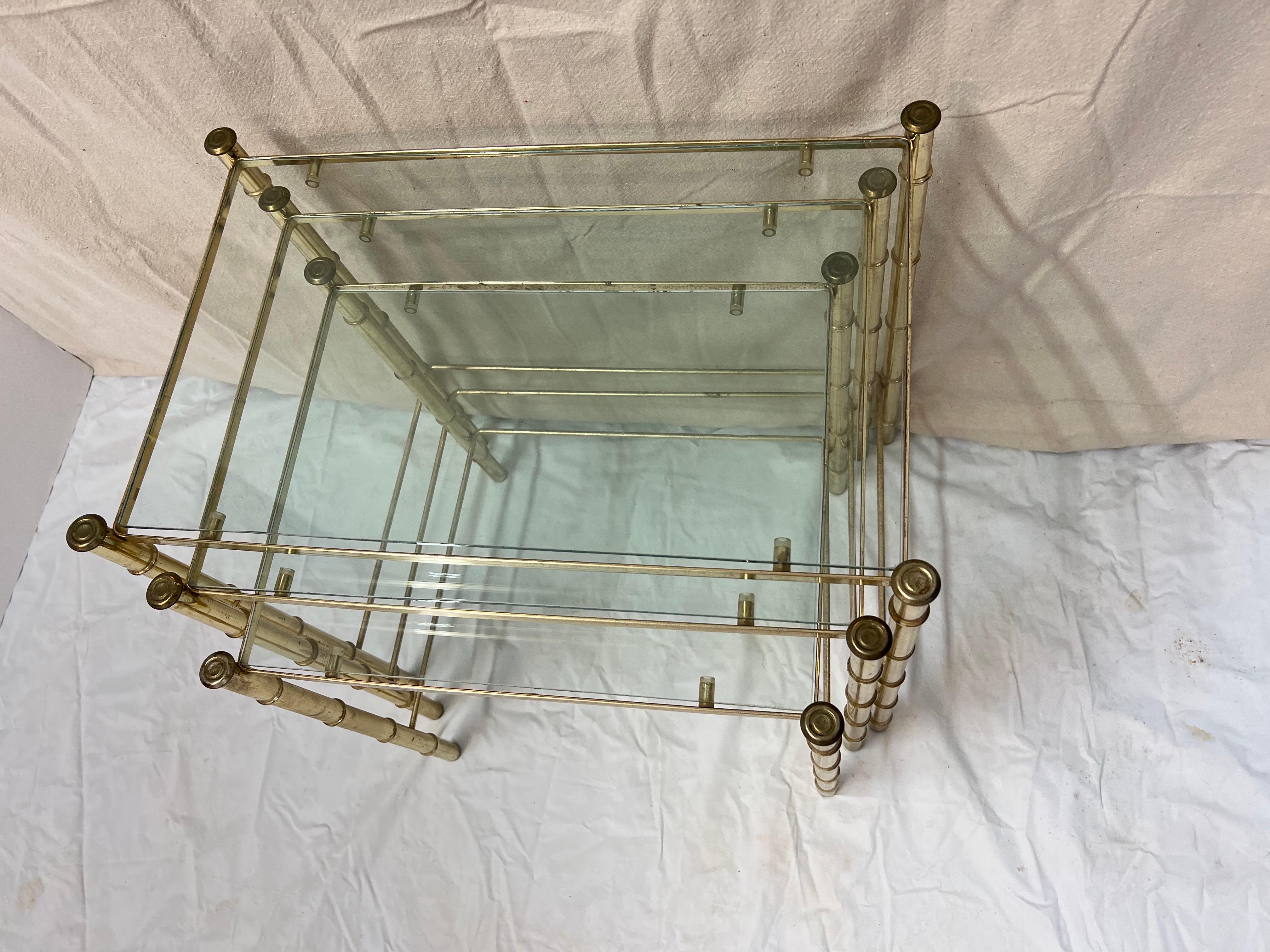 Set of Faux Bamboo Brass bamboo nesting tables with glass  For Sale 4