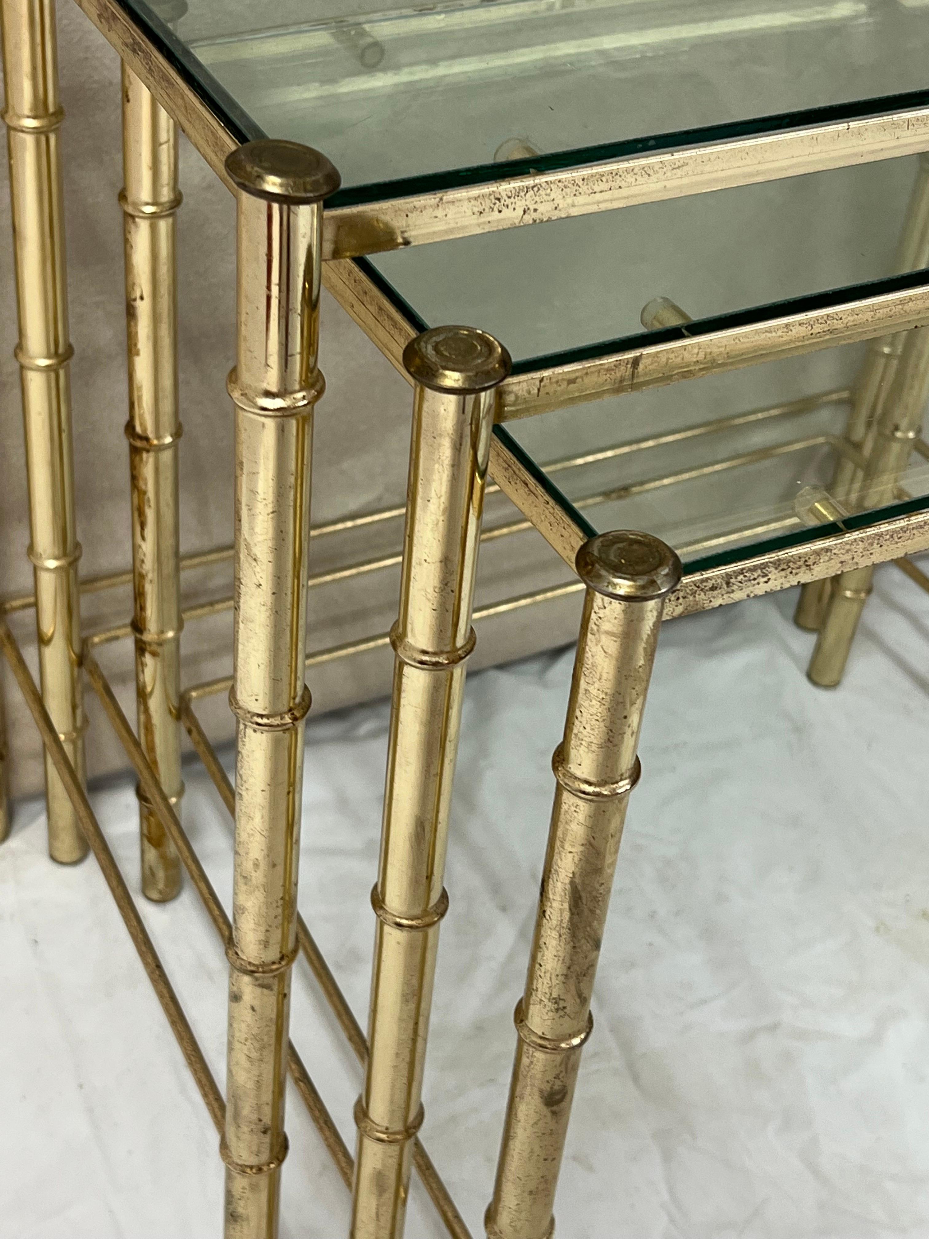 Set of Faux Bamboo Brass bamboo nesting tables with glass  For Sale 6