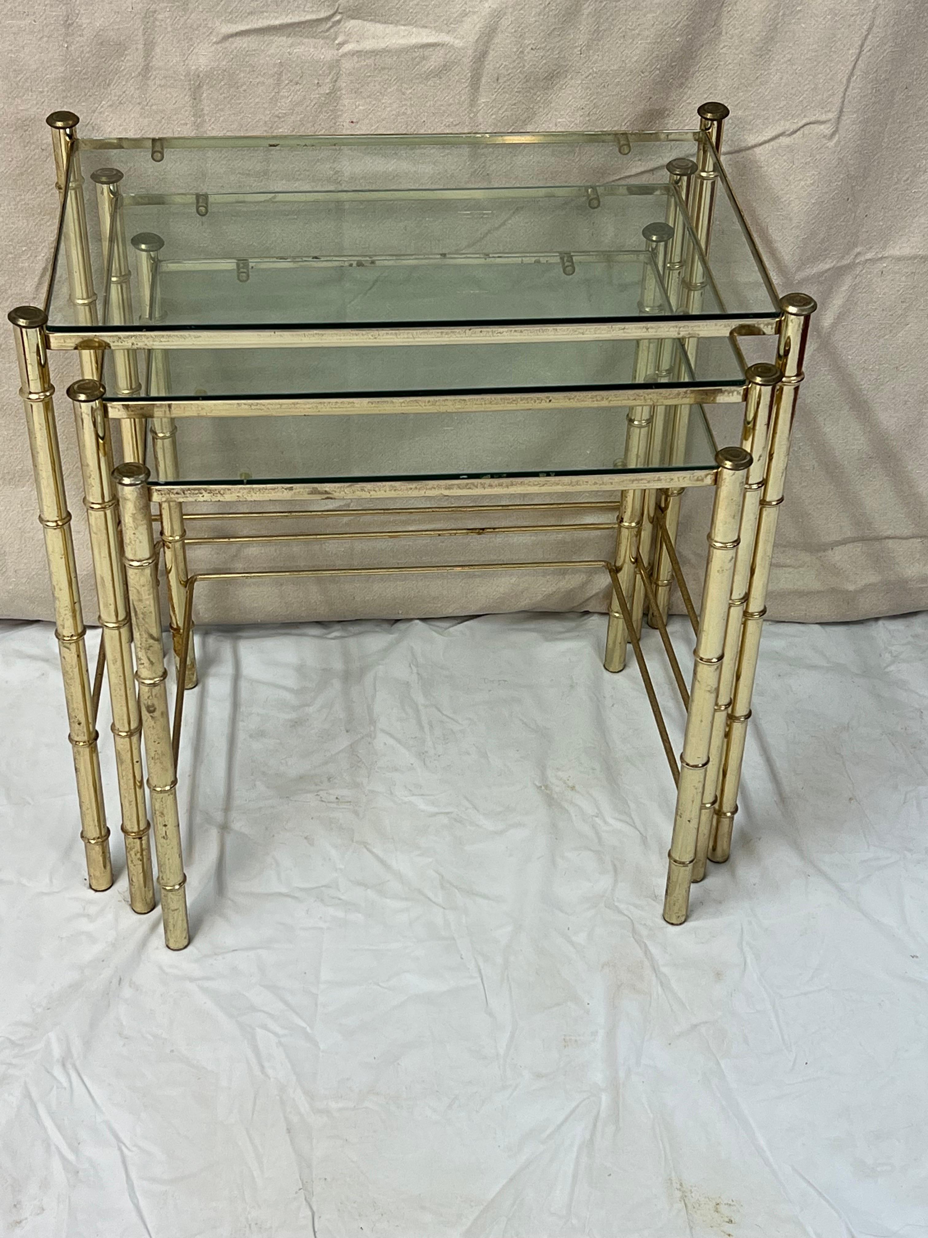 Set of Faux Bamboo Brass bamboo nesting tables with glass  For Sale 8