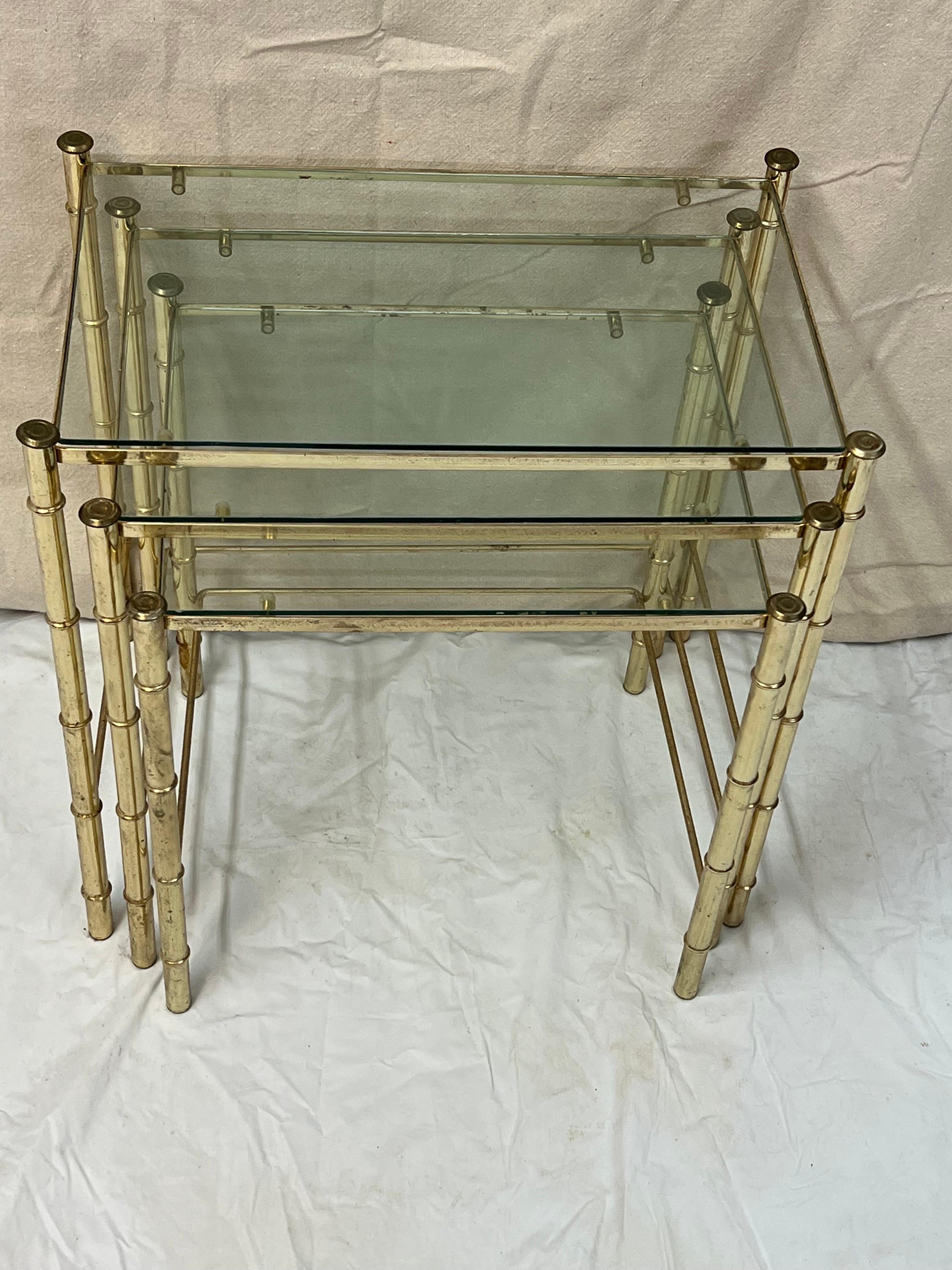 Set of Faux Bamboo Brass bamboo nesting tables with glass  For Sale 9