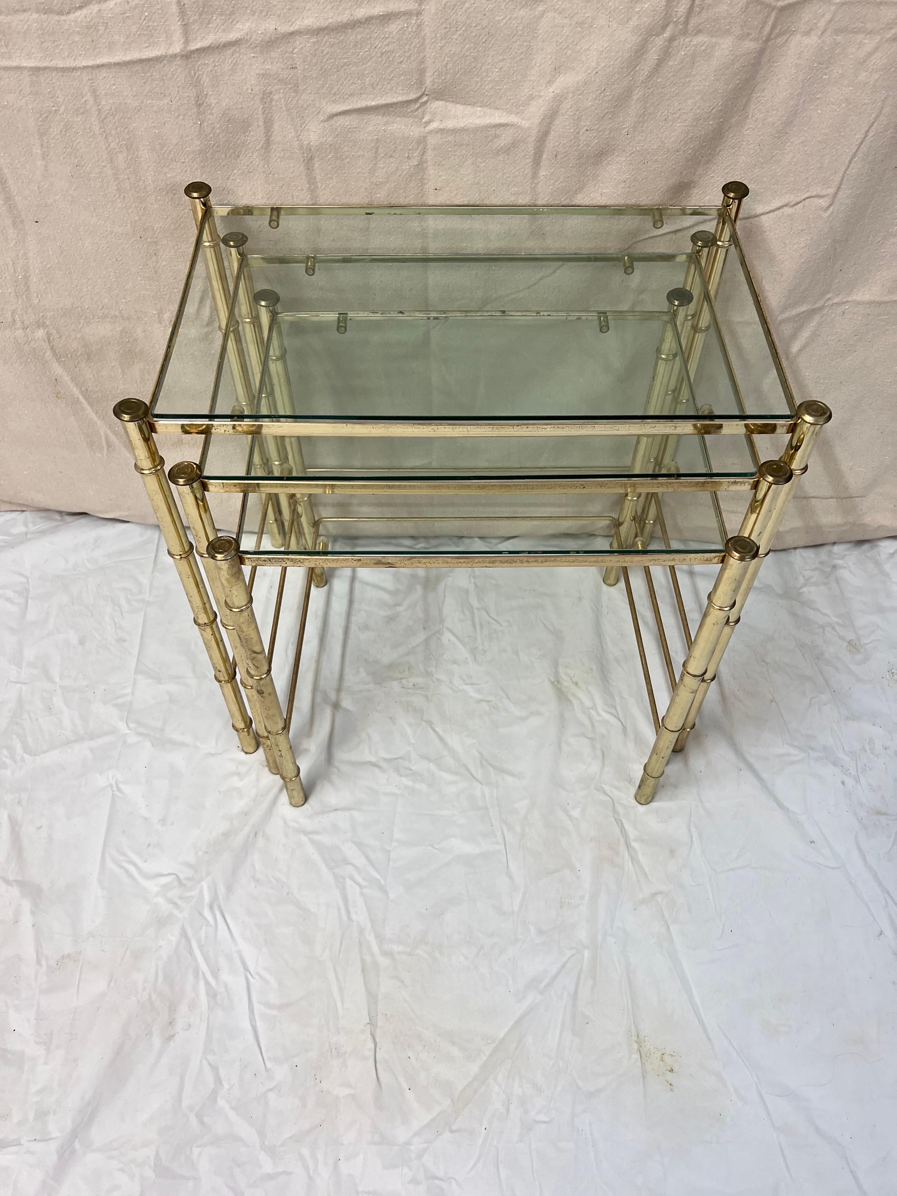 Late 20th Century Set of Faux Bamboo Brass bamboo nesting tables with glass  For Sale