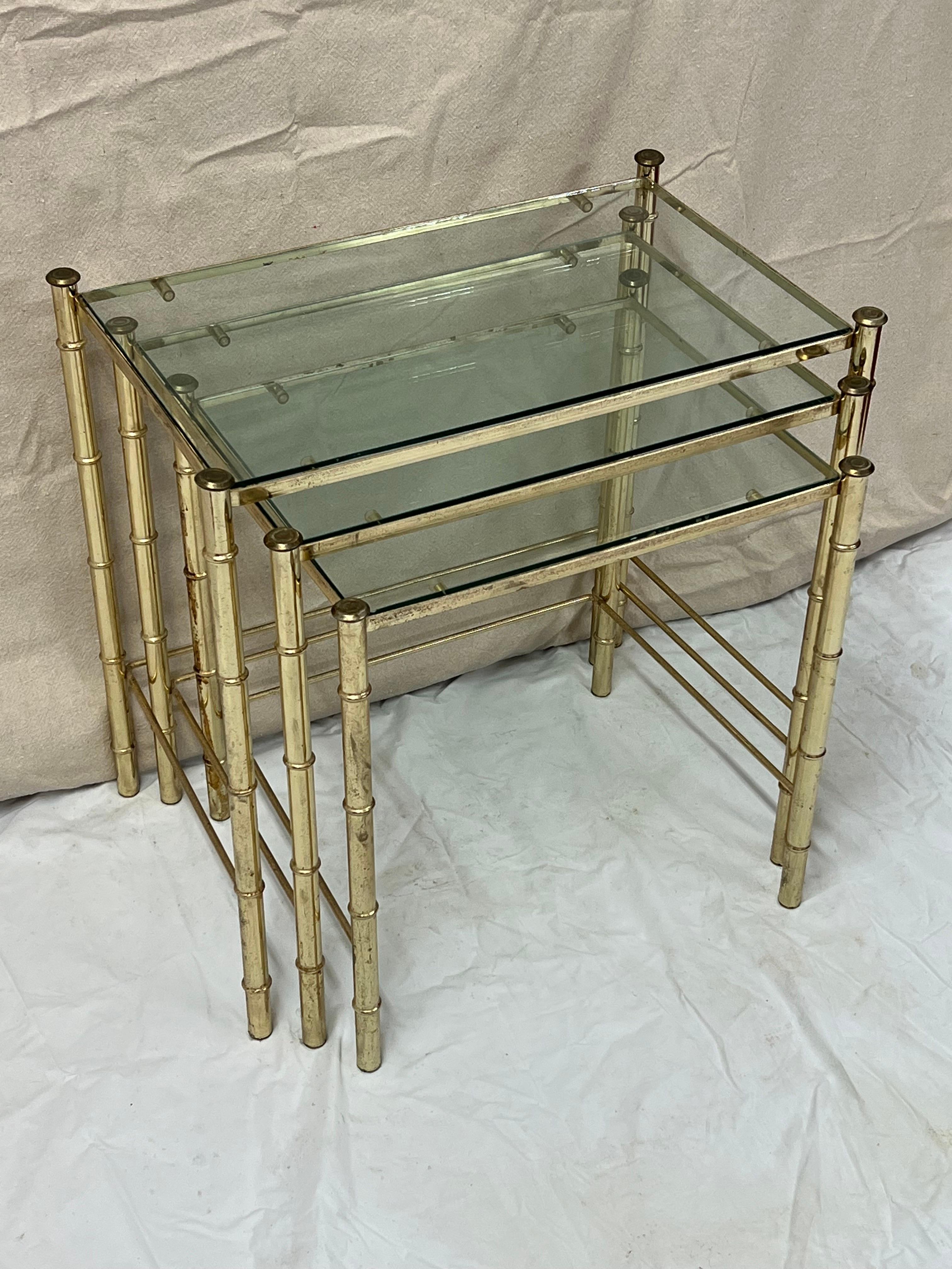 Set of Faux Bamboo Brass bamboo nesting tables with glass  For Sale 1