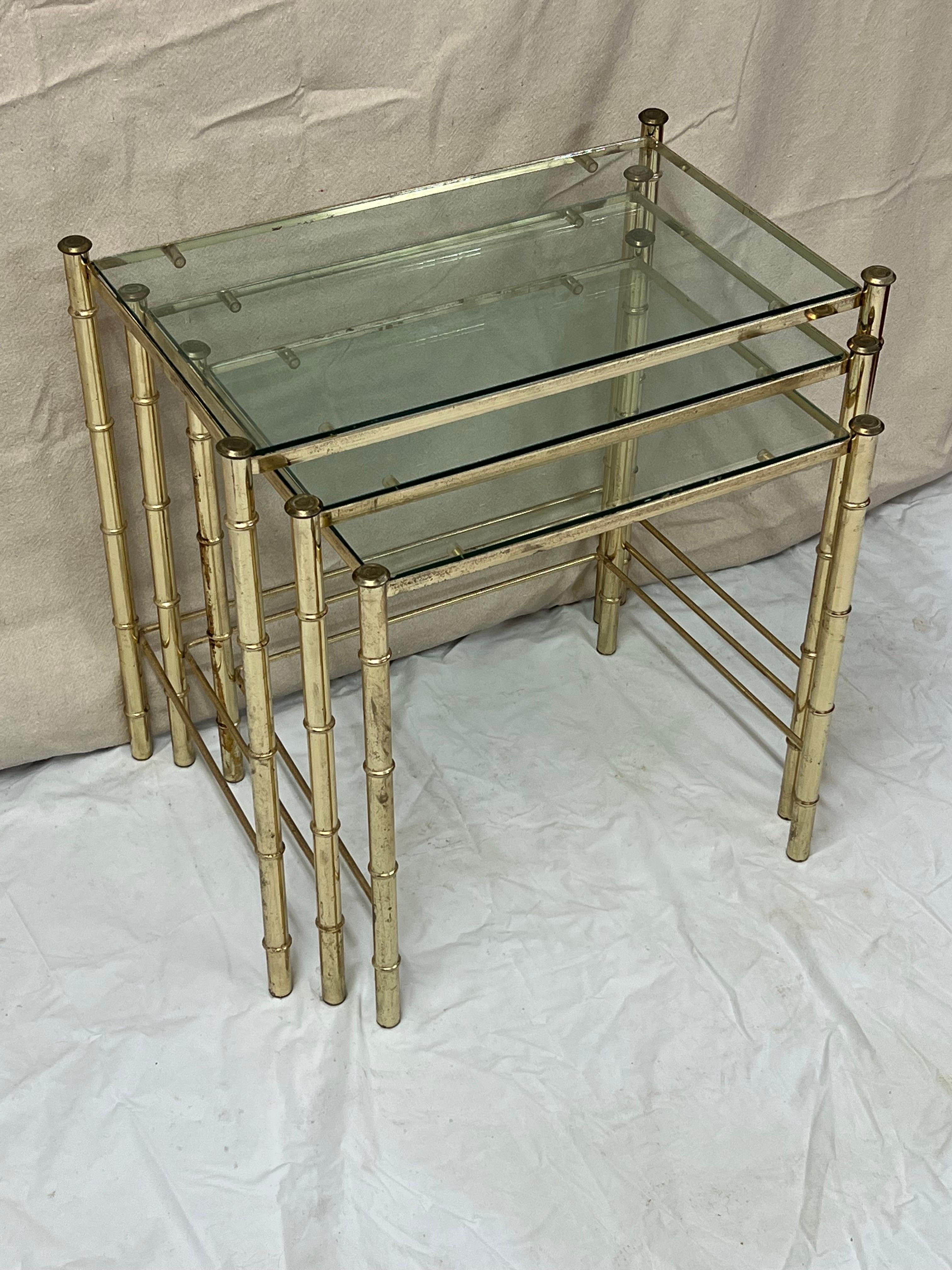 Set of Faux Bamboo Brass bamboo nesting tables with glass  For Sale 2