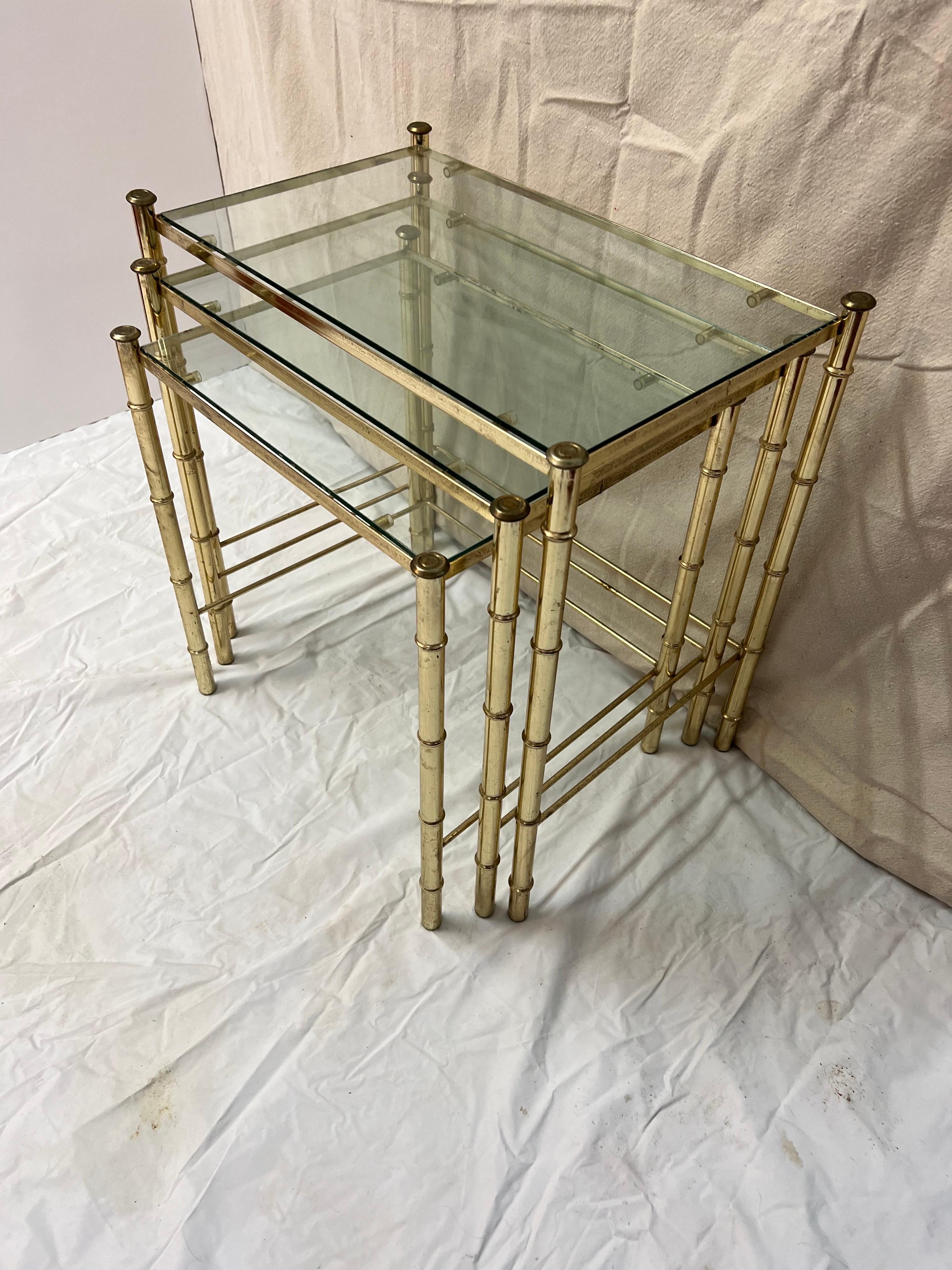 Set of Faux Bamboo Brass bamboo nesting tables with glass  For Sale 3