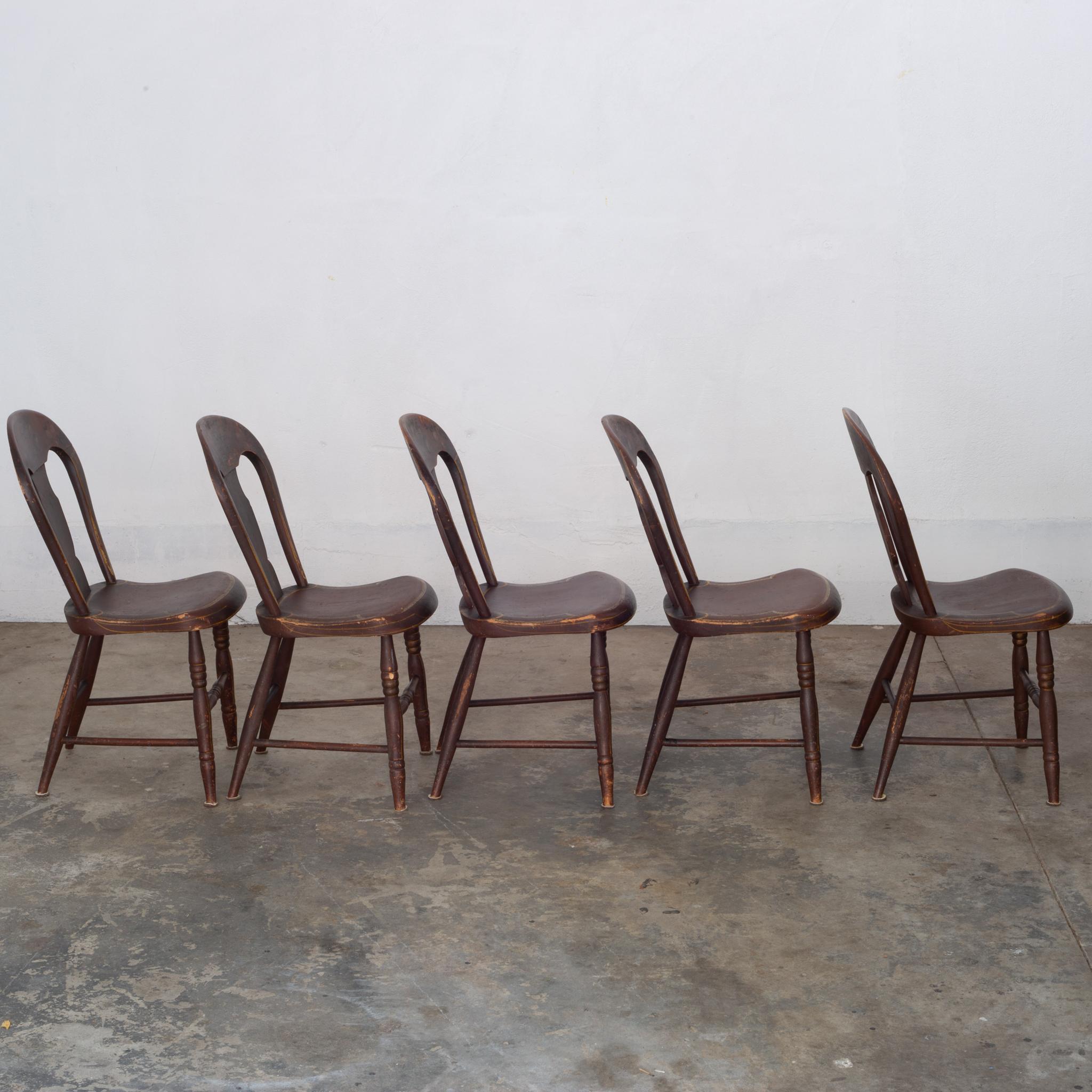 A set of Federal Period Pennsylvania painted chairs. Original reddish brown paint and stenciling. 


Creator: Unknown.
Date of manufacture: circa 1810.
Materials and techniques: mixed hard and soft woods.
Condition: Good. Wear consistent with age
