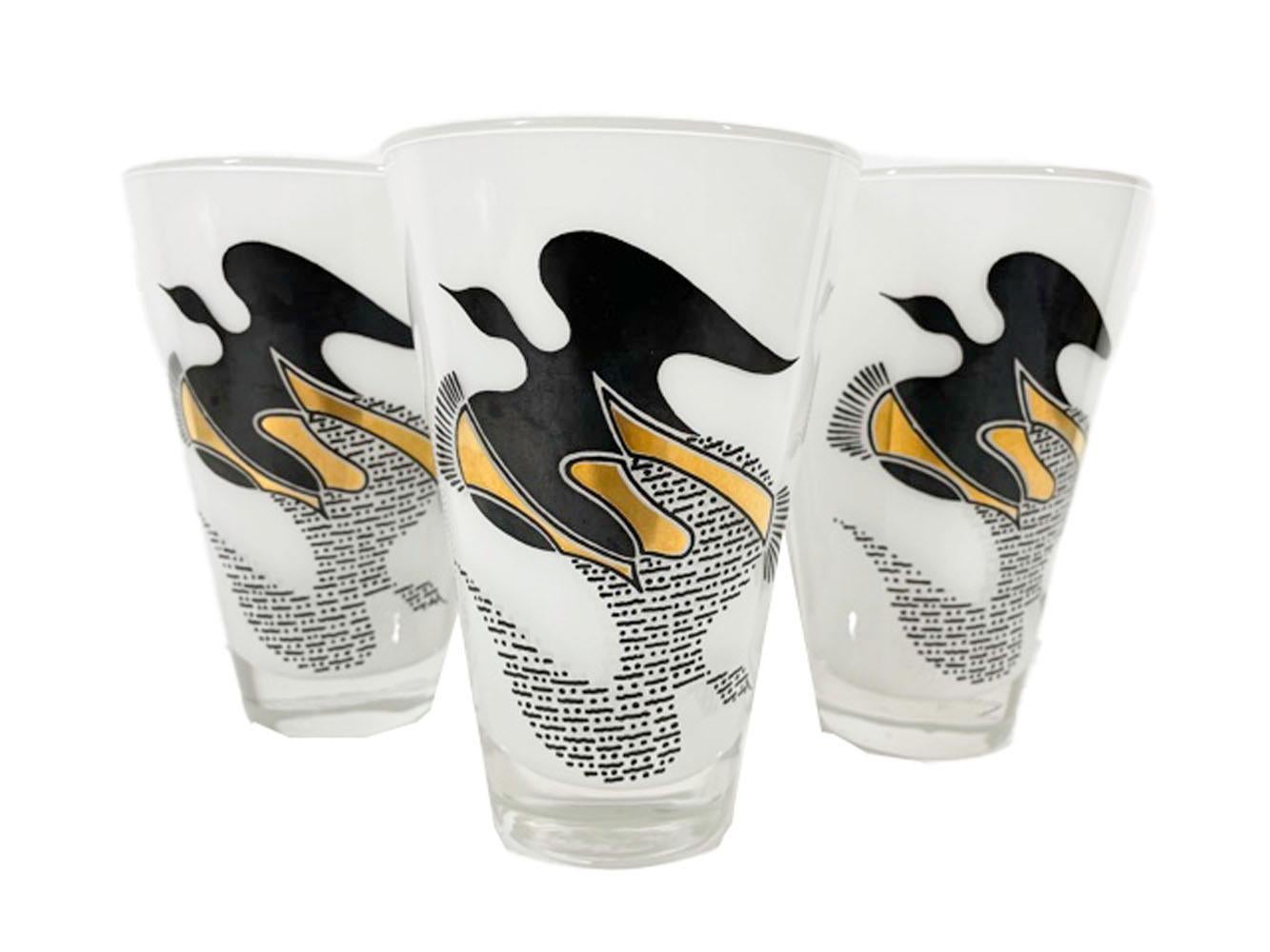 American Set of Federal Six Mid-Century Modern Highball Glasses with Black & Gold Doves