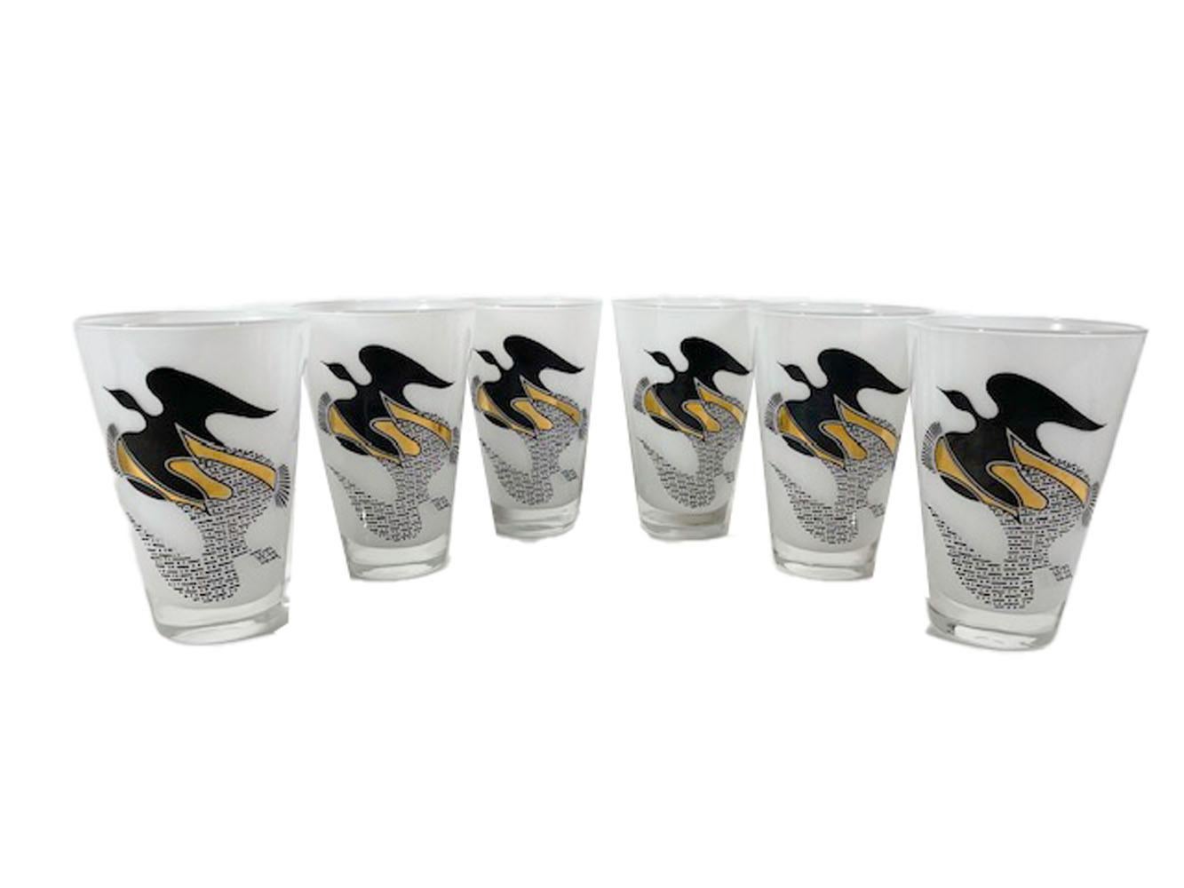 Set of Federal Six Mid-Century Modern Highball Glasses with Black & Gold Doves In Good Condition In Nantucket, MA