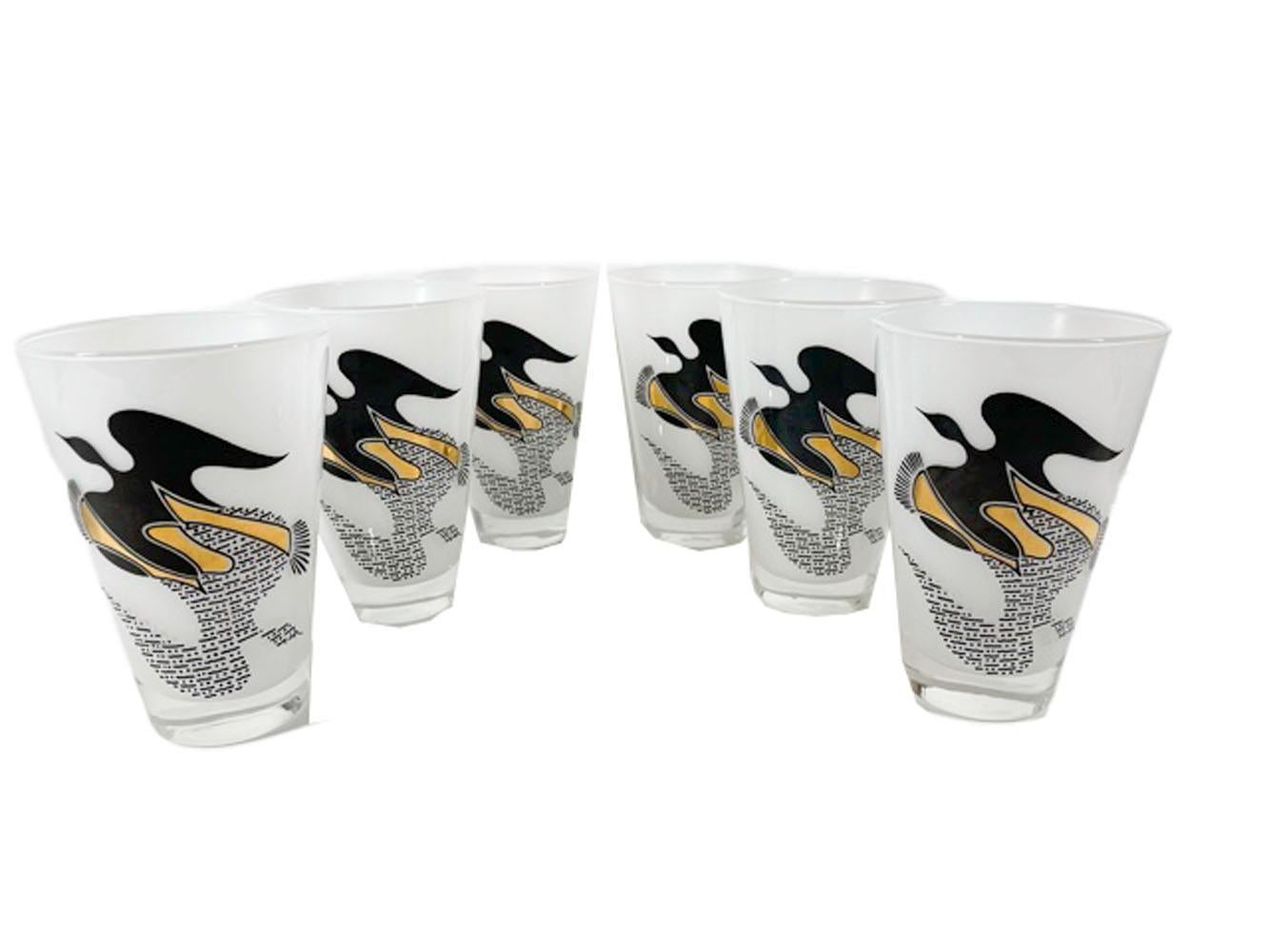 20th Century Set of Federal Six Mid-Century Modern Highball Glasses with Black & Gold Doves