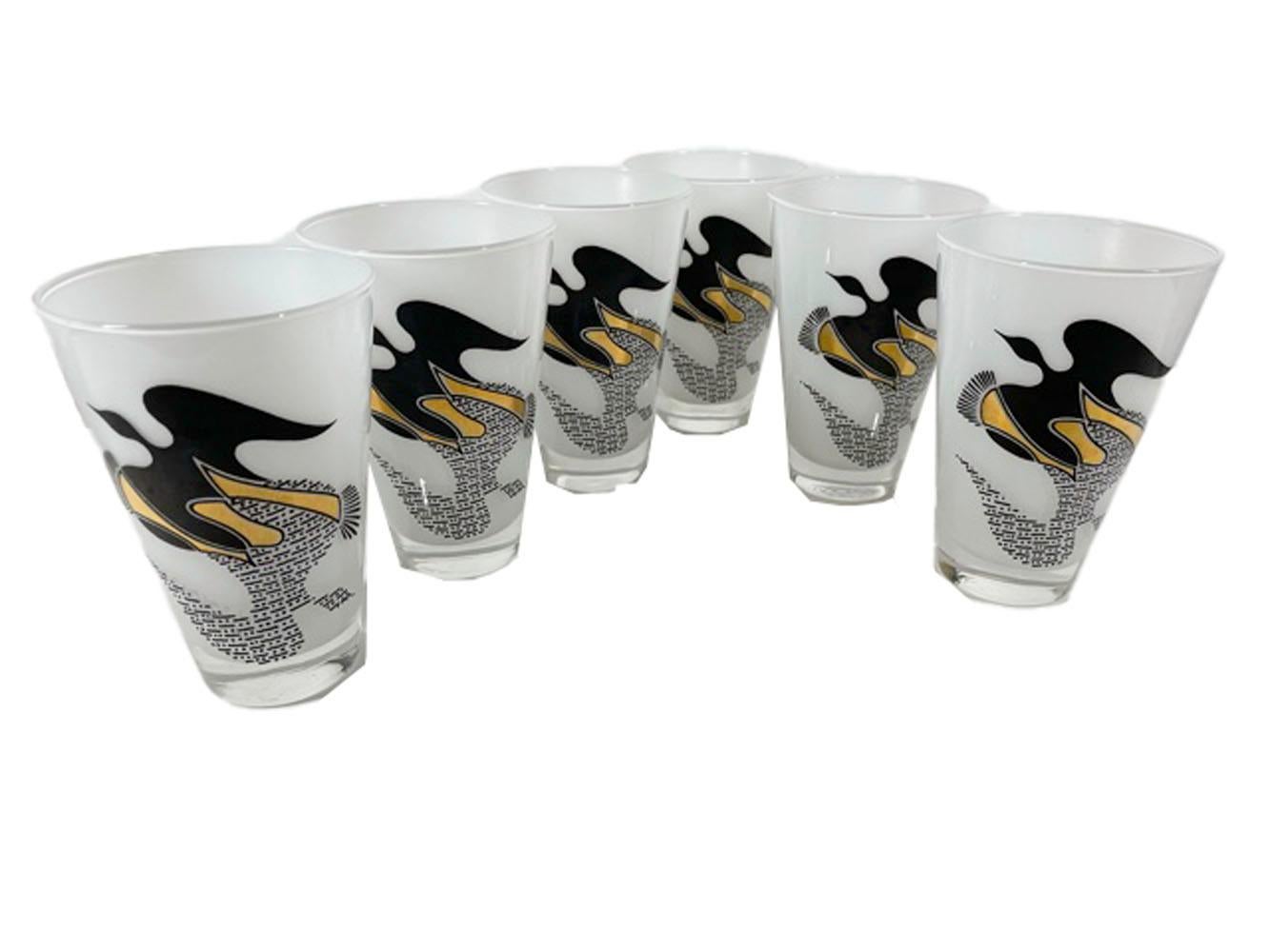 Set of Federal Six Mid-Century Modern Highball Glasses with Black & Gold Doves 2