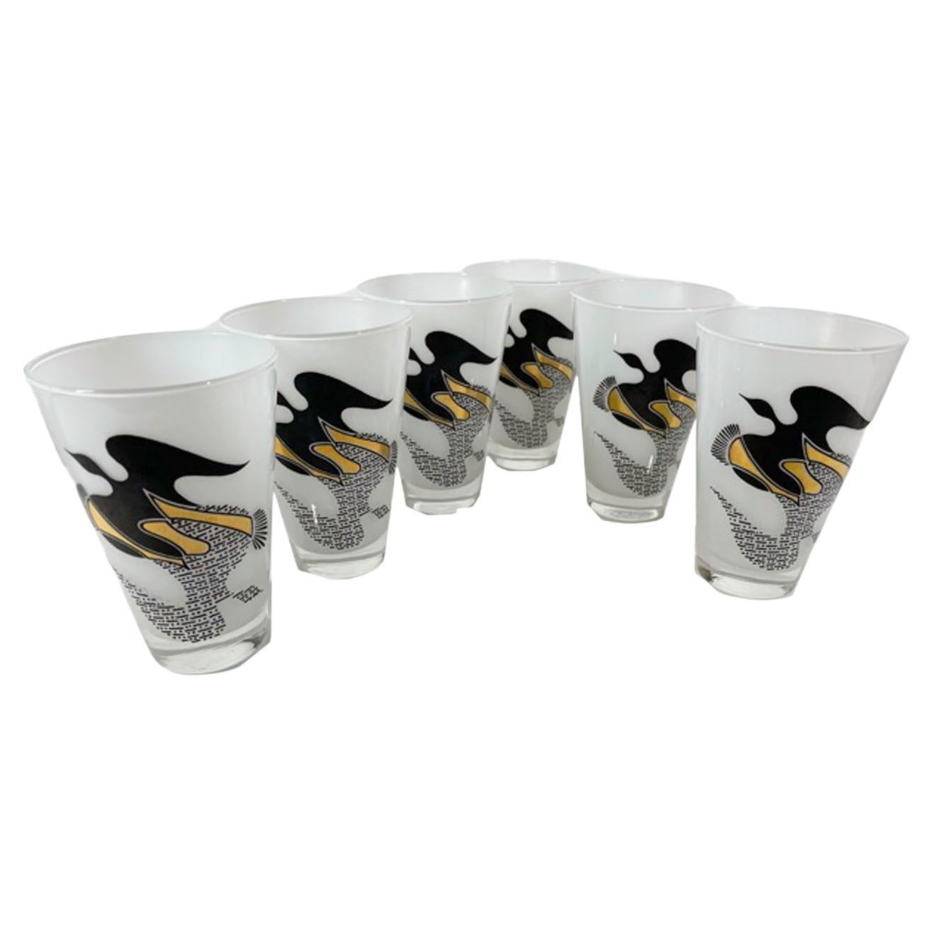 Set of Federal Six Mid-Century Modern Highball Glasses with Black & Gold Doves
