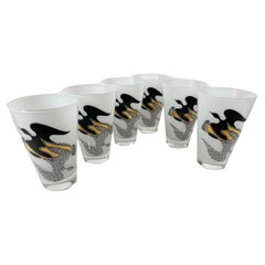 Vintage Set of Federal Six Mid-Century Modern Highball Glasses with Black & Gold Doves