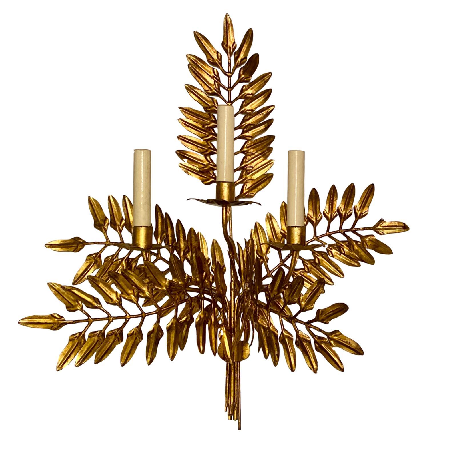 Mid-20th Century Set of Fern Shaped Gilt Metal Sconces For Sale