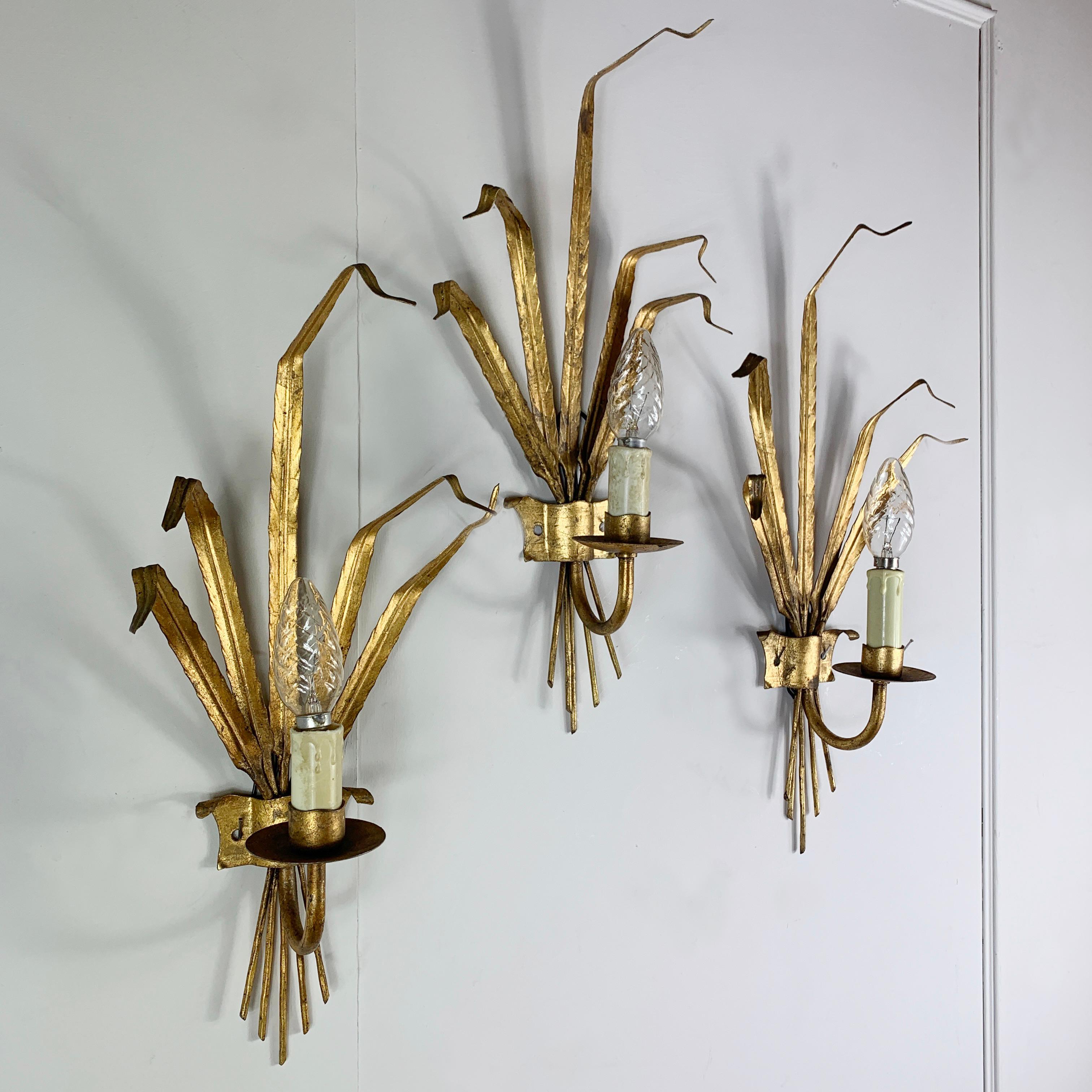 Mid-Century Modern Set Of Ferro Art Gilt Leaf Wall Lights, 1970’s