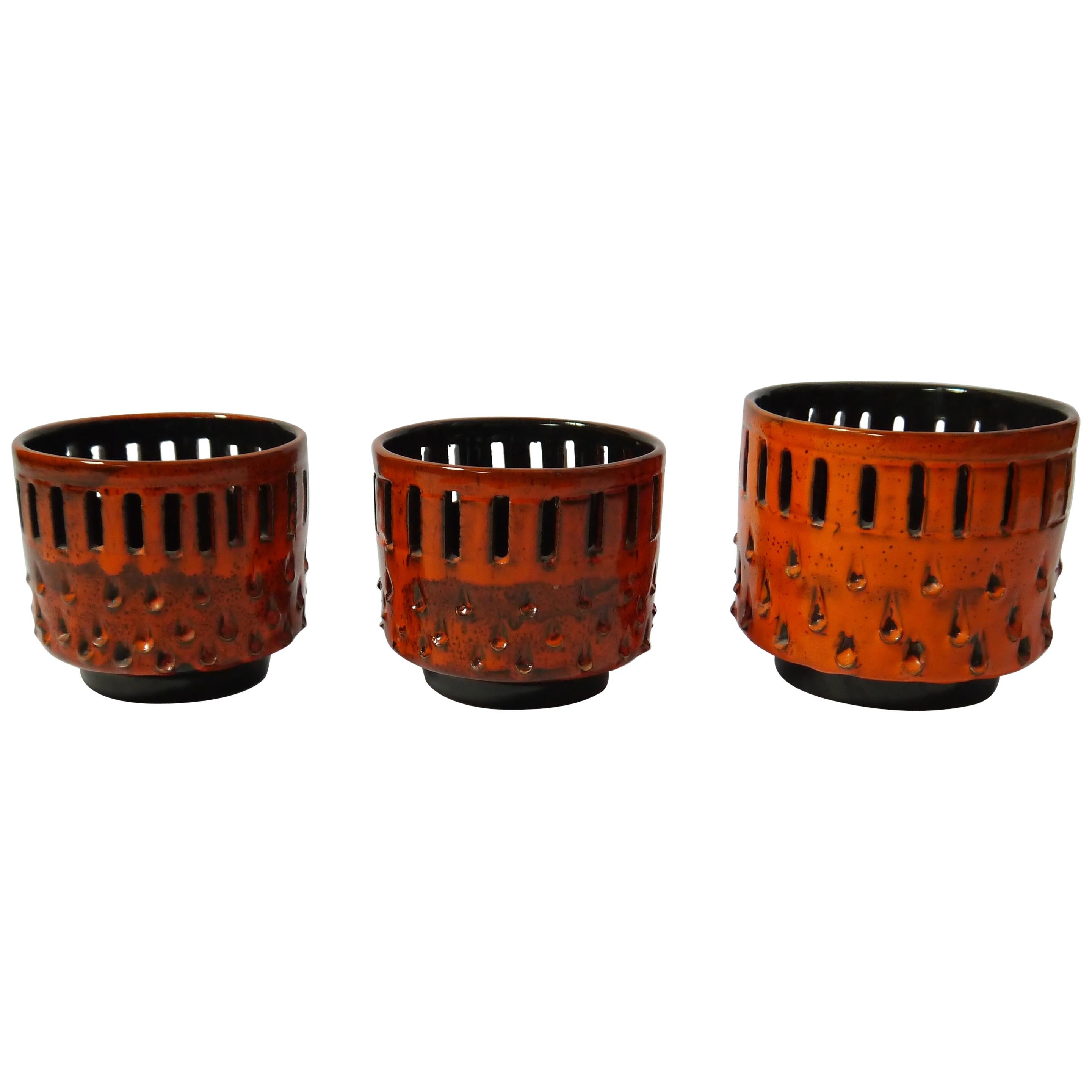 Set of Fiery Orange West German Ceramic Flower Pots / Cachepots For Sale