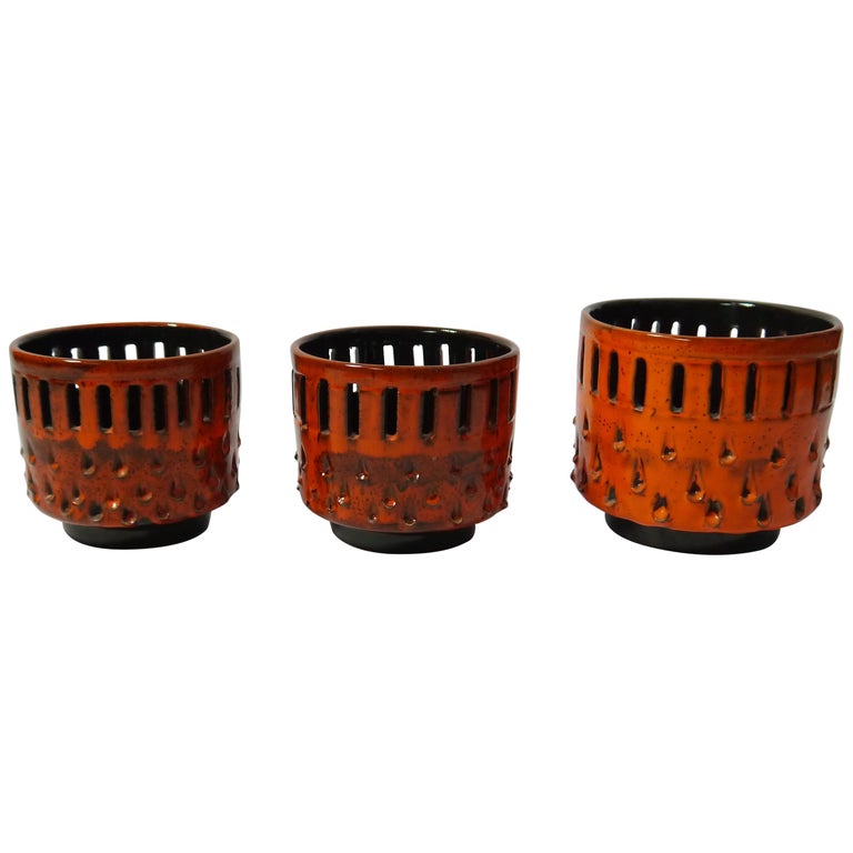 Set of Fiery Orange West German Ceramic Flower Pots / Cachepots For