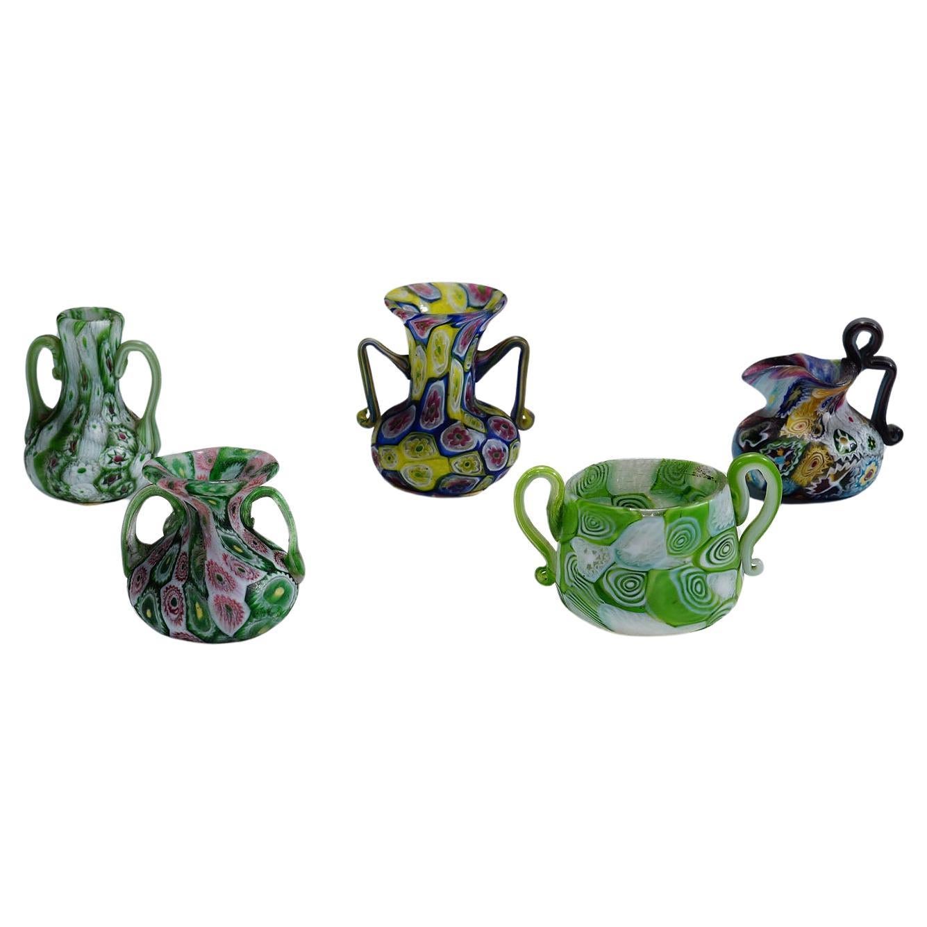 Set of Fife Antique Millefiori Vases by Fratelli Toso, Murano For Sale