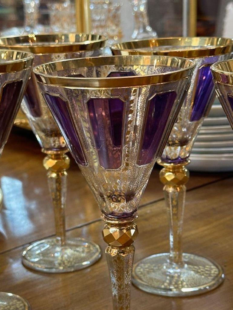 Gilt Set of Fifteen Antique French Moser Wine Glasses For Sale