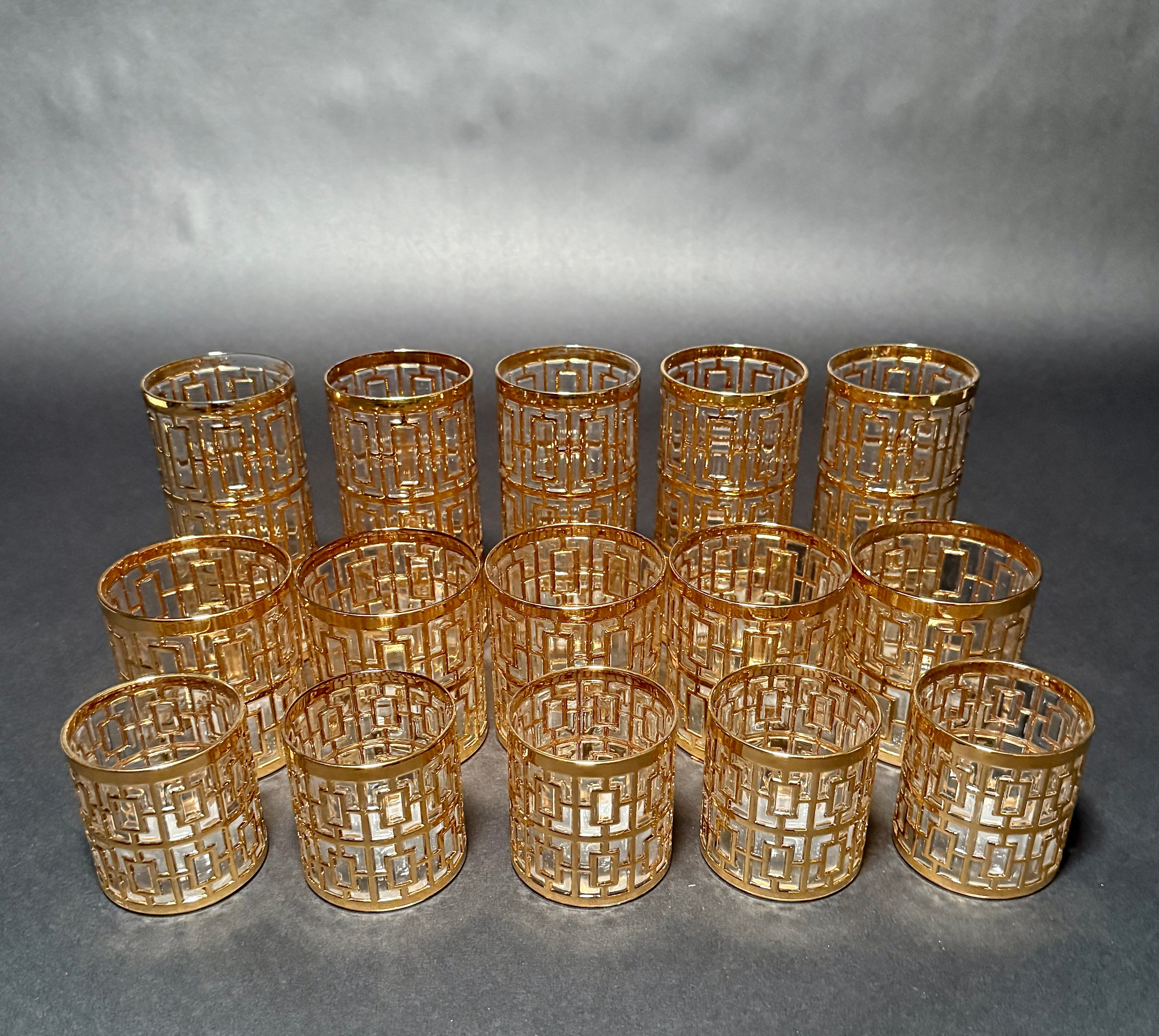 Hollywood Regency Set Of Fifteen Imperial Glass Co. “Shoji Trellis” Gilt Tumblers For Sale