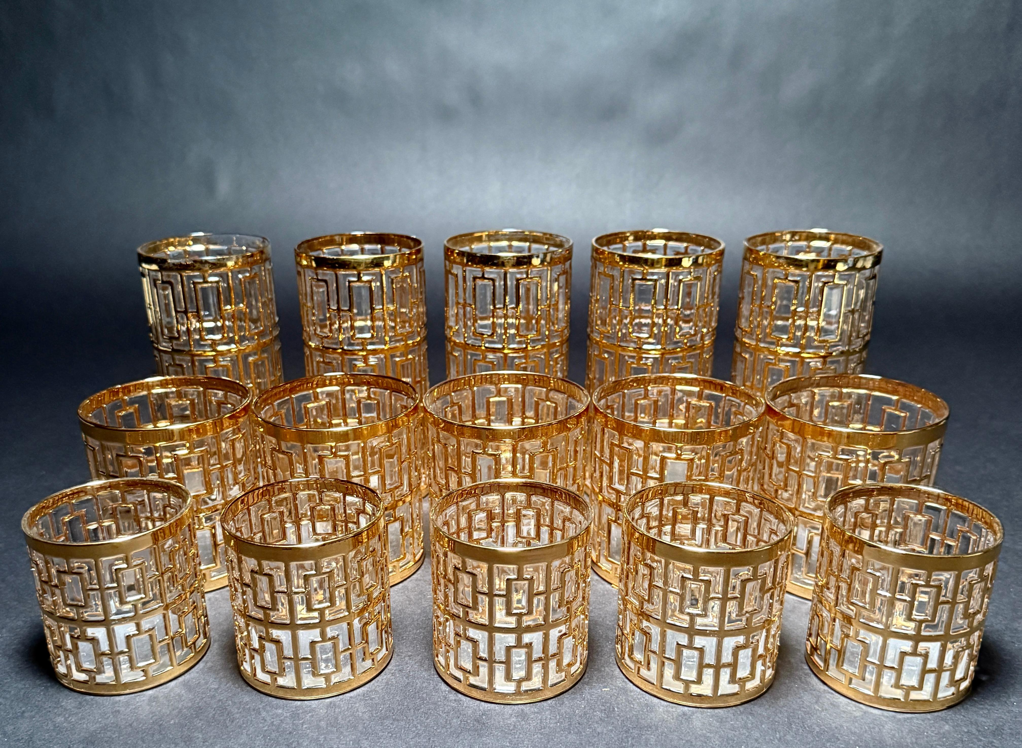 Set Of Fifteen Imperial Glass Co. “Shoji Trellis” Gilt Tumblers For Sale 1