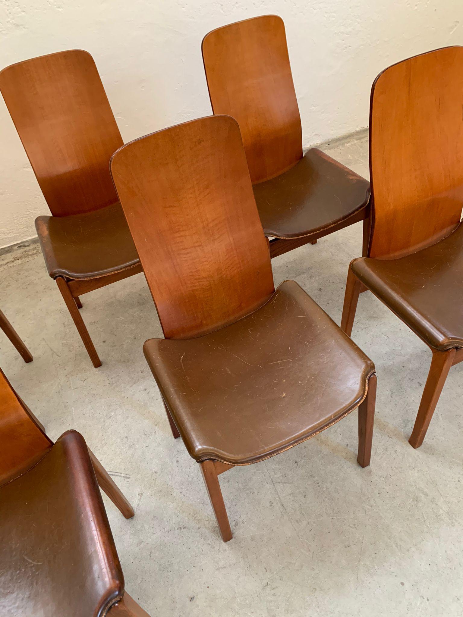 Ensemble de chaises Fiorenza en bois et cuir de Tito Agnoli pour Molteni, 1968 5