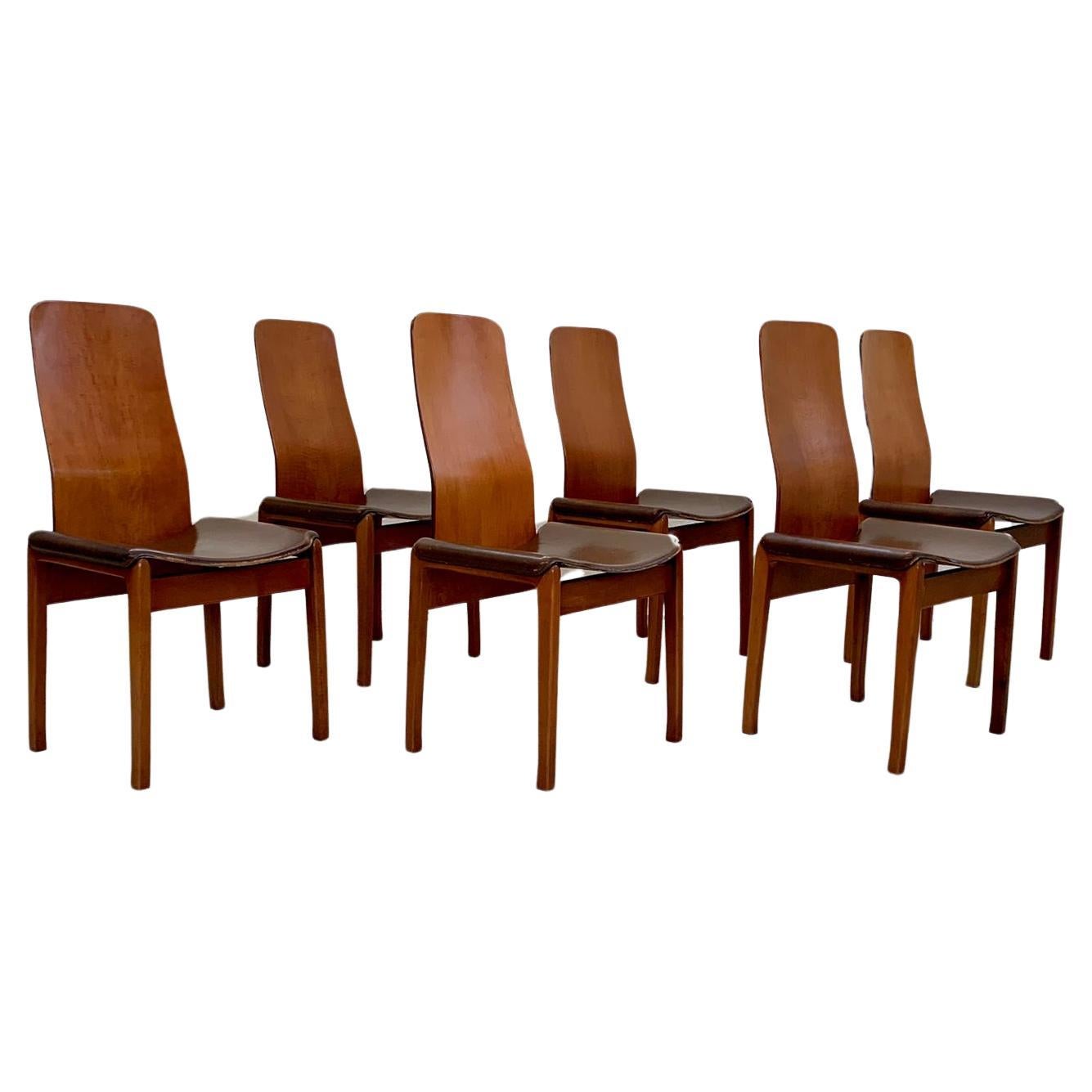 Set of Fiorenza chairs in wood and leather by Tito Agnoli for Molteni, 1968