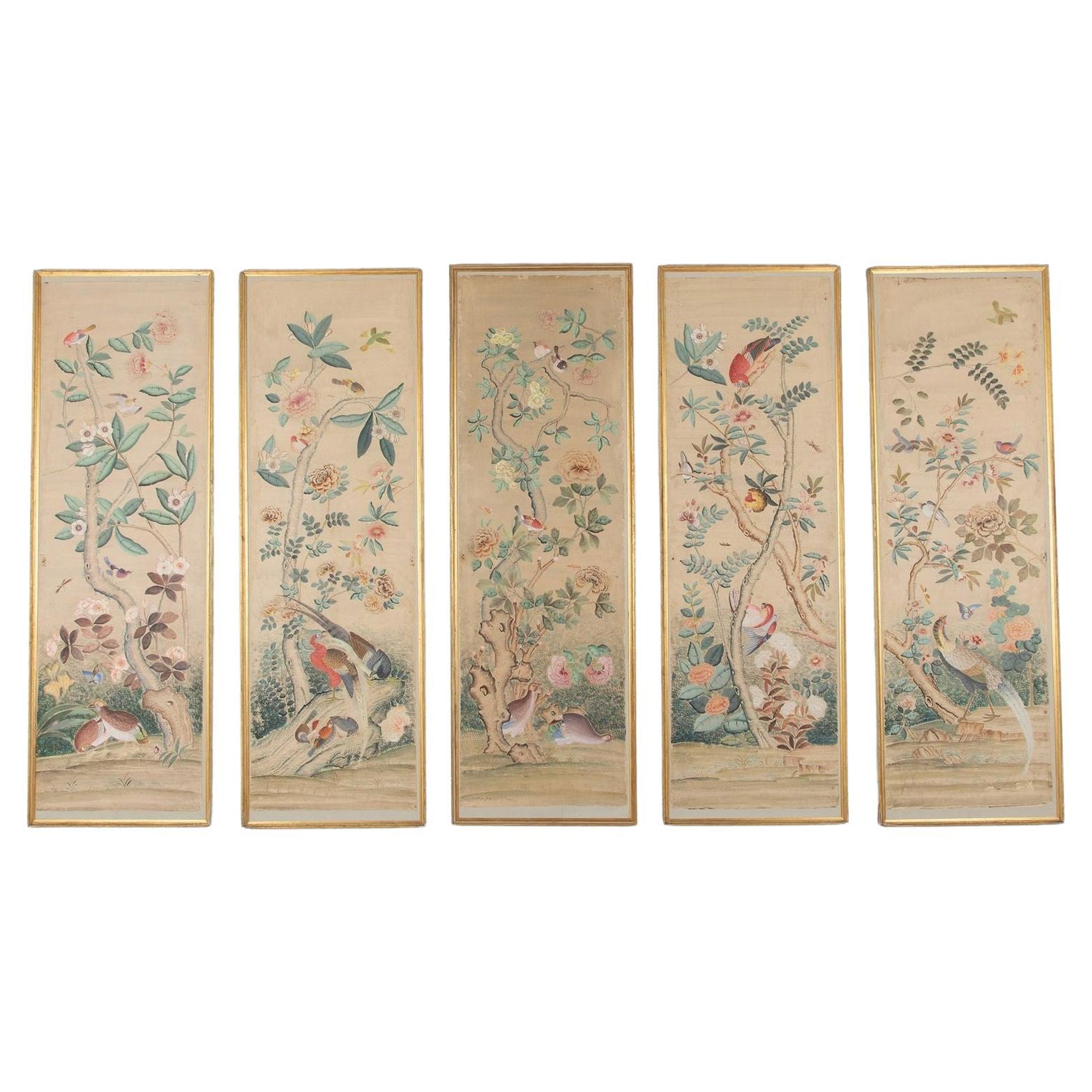 Set of Five 18th Century Chinoiserie Style Framed Wallpaper Panels For Sale