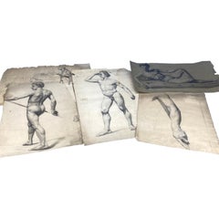 Set of Five 1920s Charcoal Artists Drawings of Nude Male Model