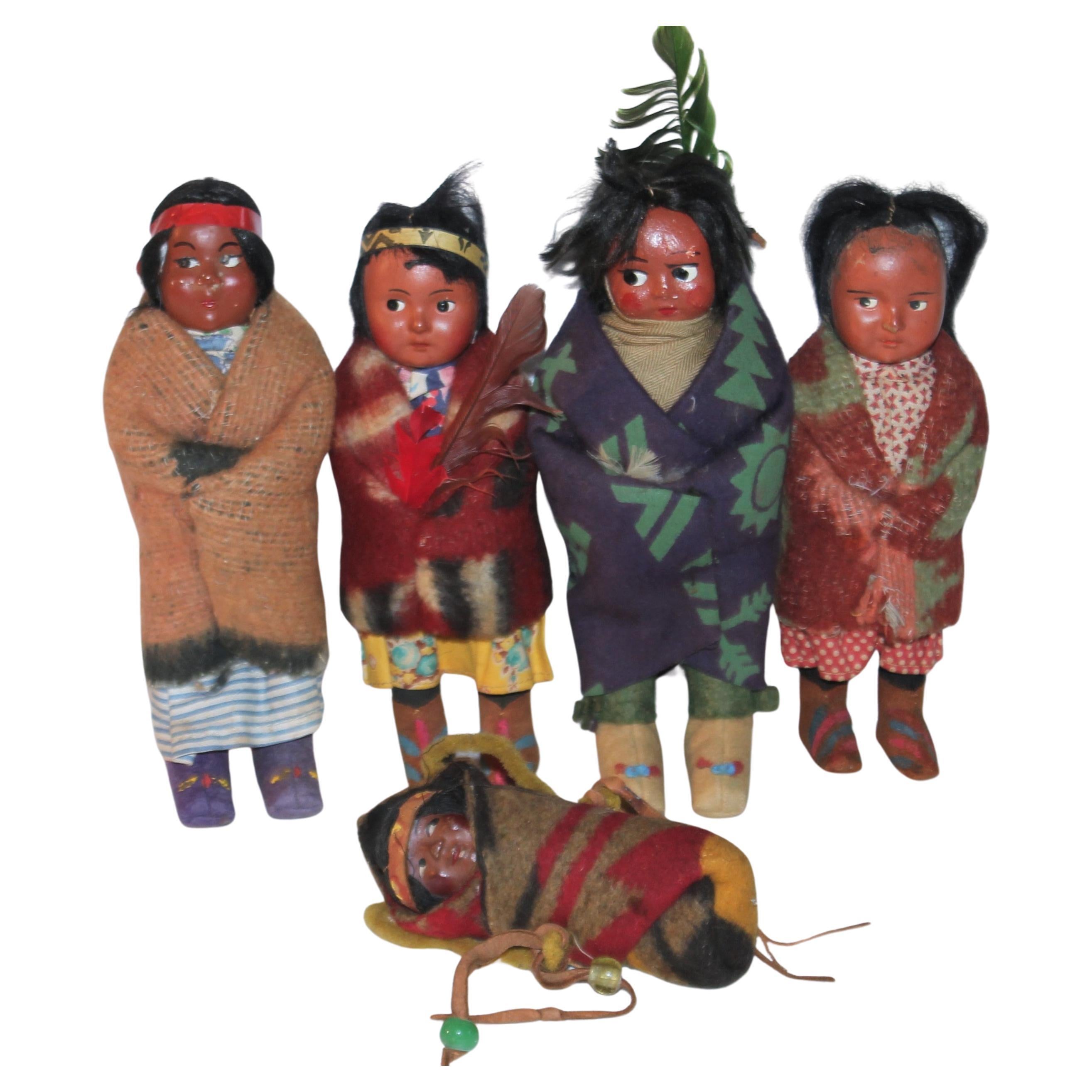Set of Five 1930's - 40's Children Skookum Dolls