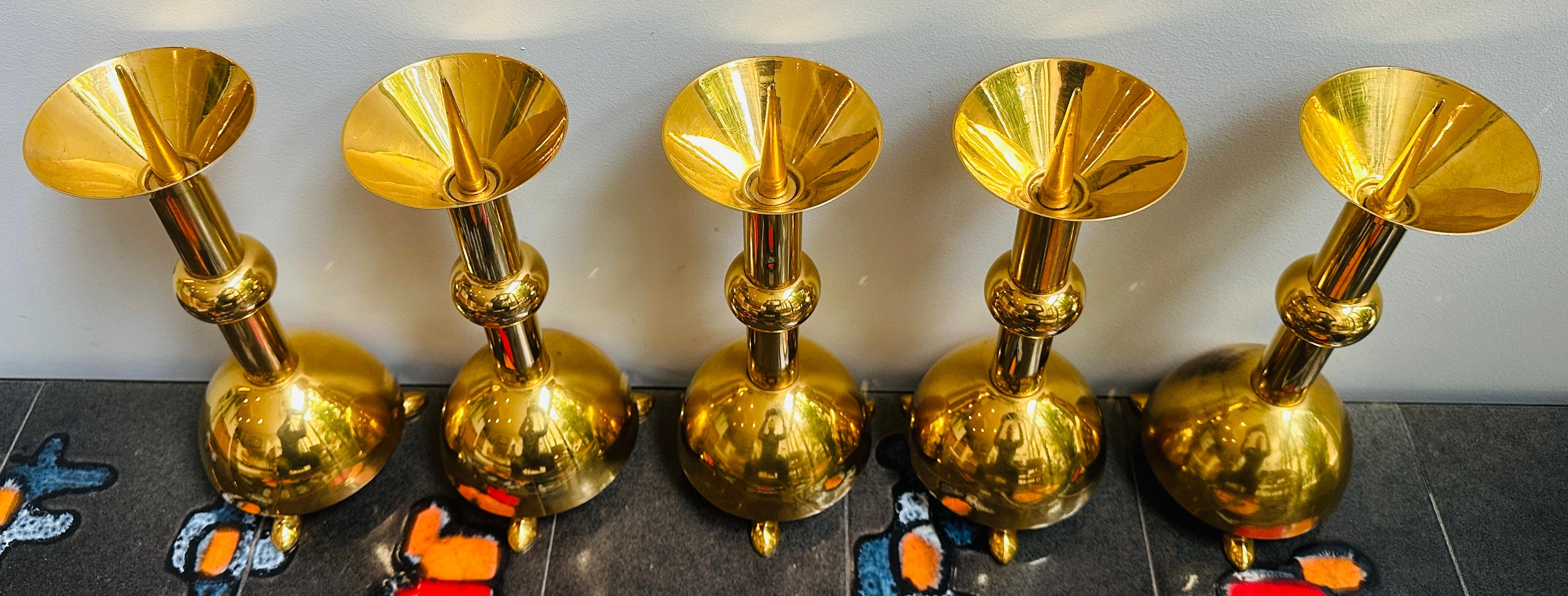 Set of Five 1950s German Brutalist Gold Chromed Metal Church Candleholders In Good Condition For Sale In London, England