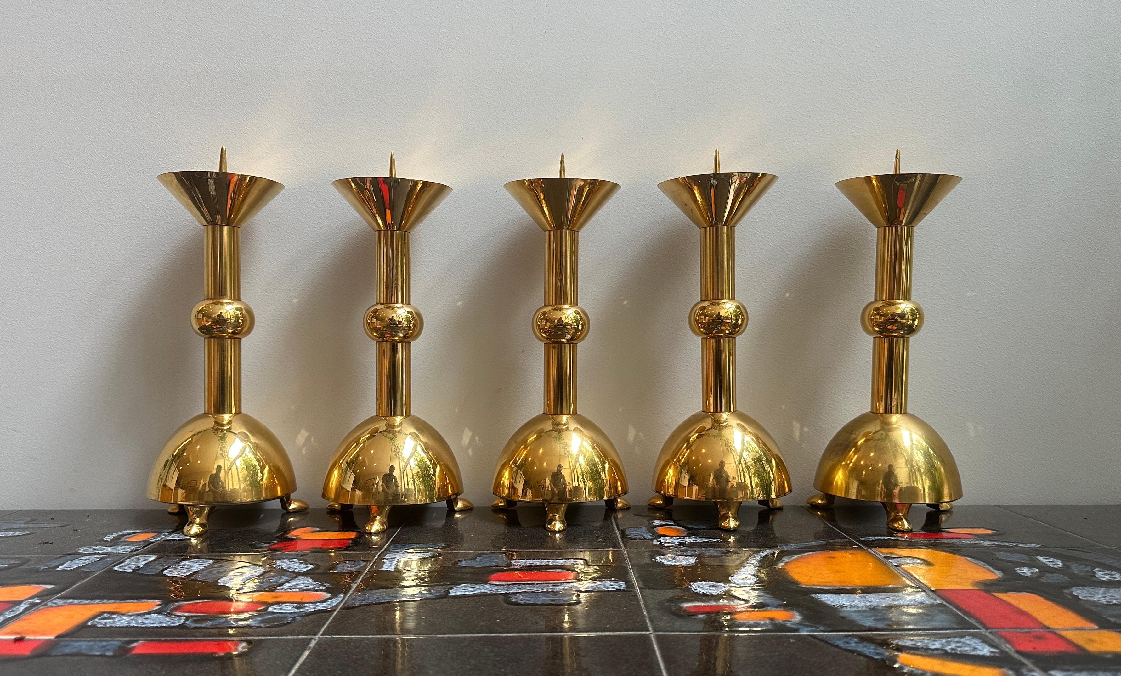 20th Century Set of Five 1950s German Brutalist Gold Chromed Metal Church Candleholders For Sale
