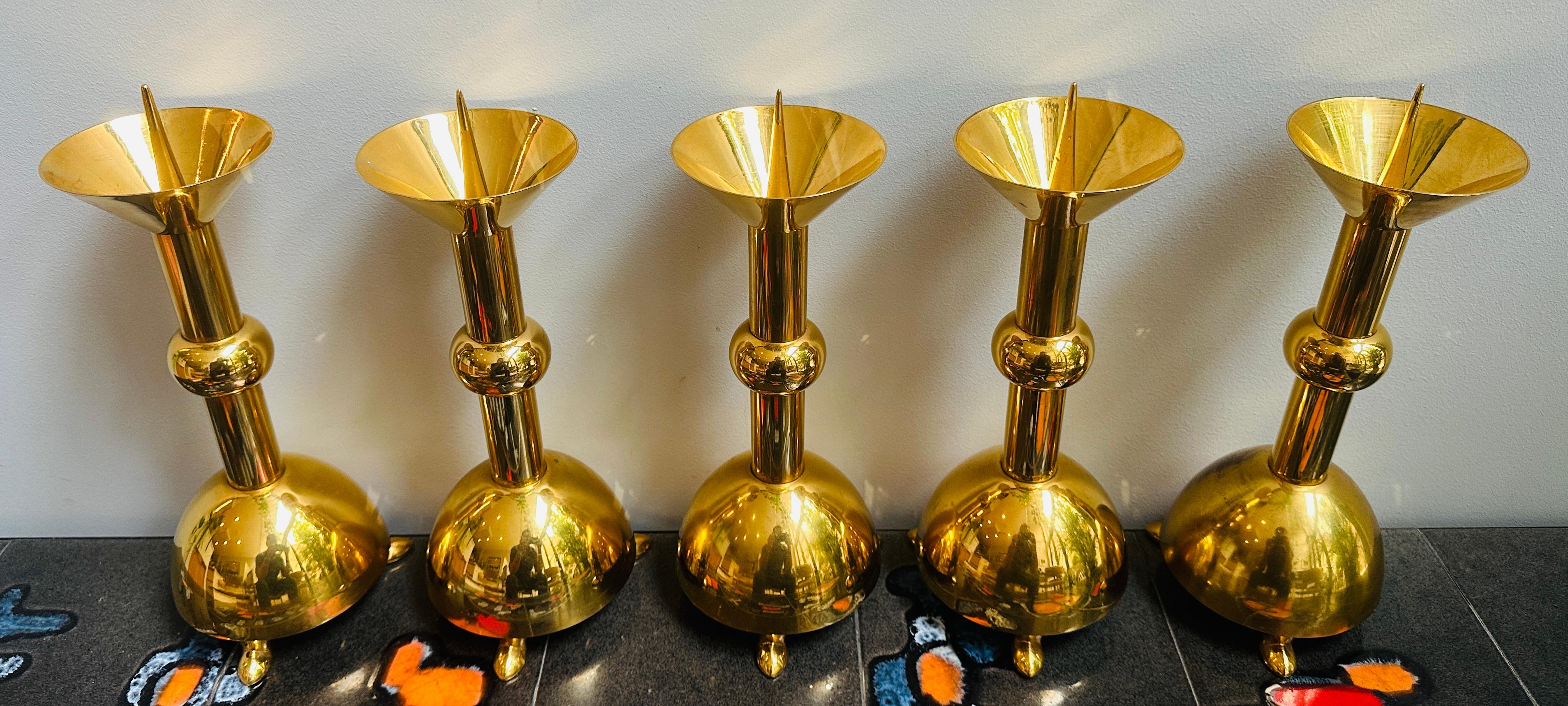 Aluminum Set of Five 1950s German Brutalist Gold Chromed Metal Church Candleholders For Sale