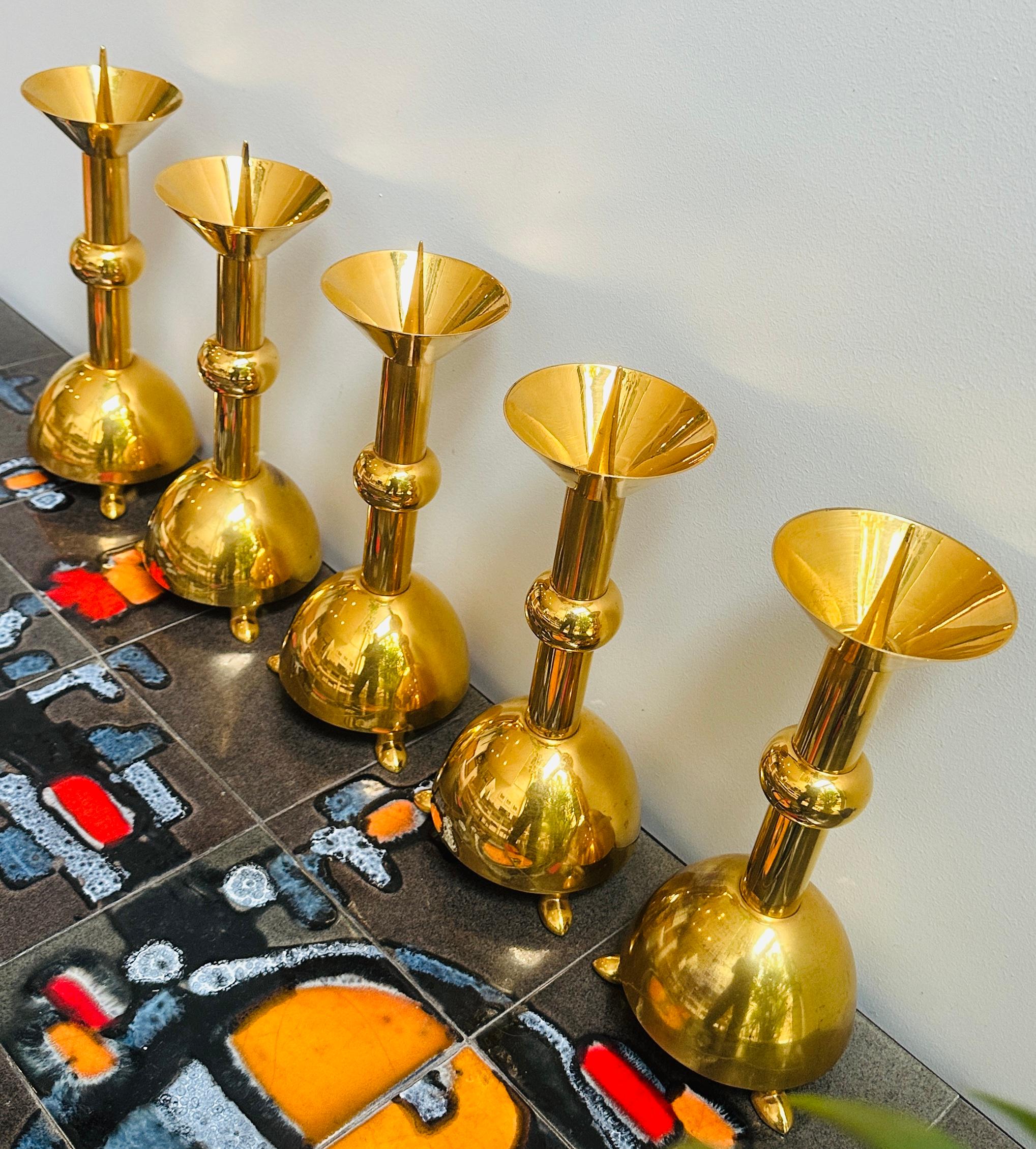 Set of Five 1950s German Brutalist Gold Chromed Metal Church Candleholders For Sale 1