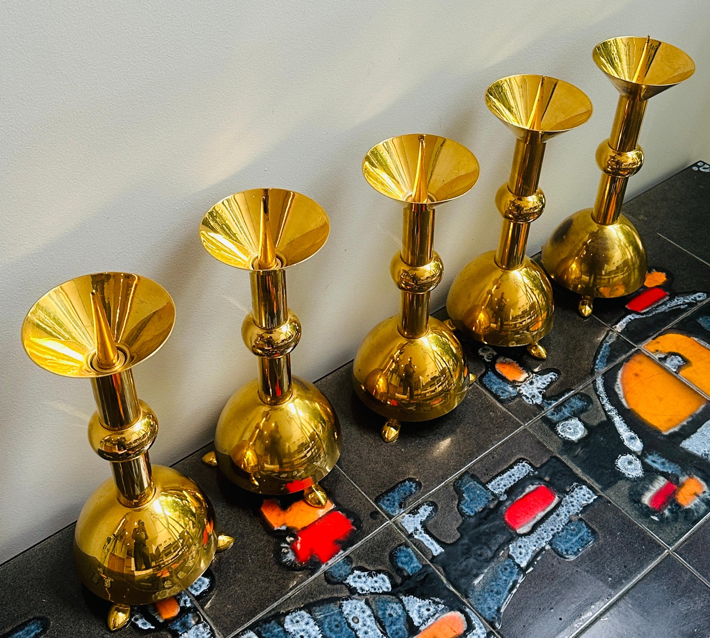 Set of Five 1950s German Brutalist Gold Chromed Metal Church Candleholders For Sale 2
