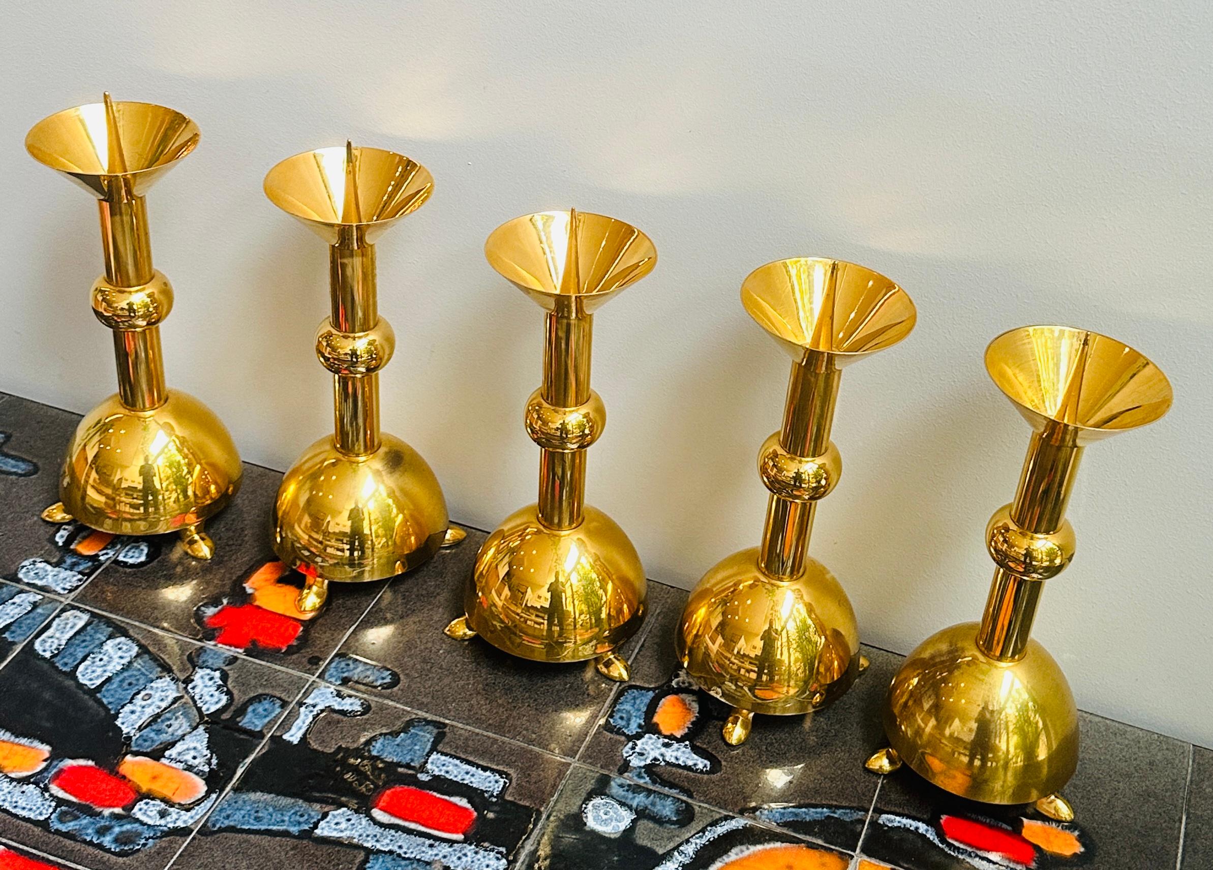 Set of Five 1950s German Brutalist Gold Chromed Metal Church Candleholders For Sale 3