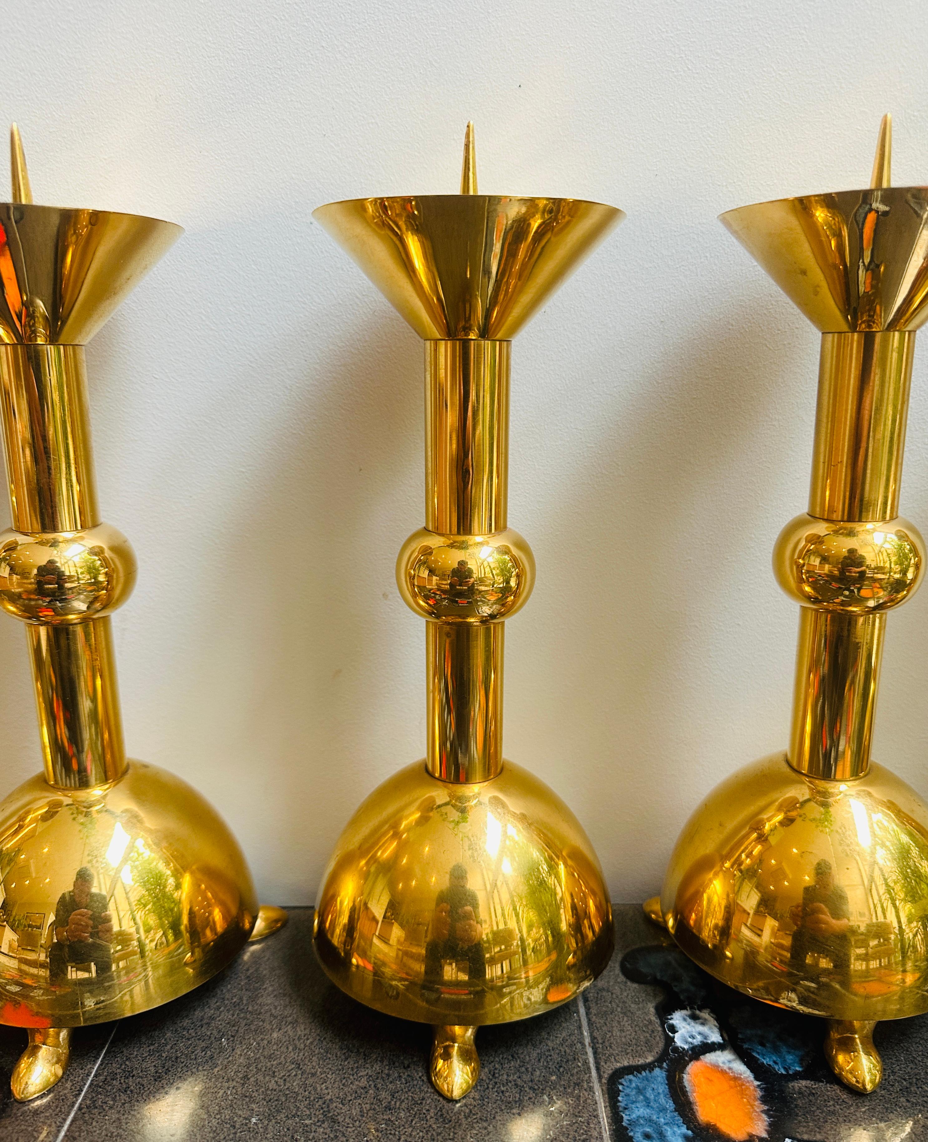 Set of Five 1950s German Brutalist Gold Chromed Metal Church Candleholders For Sale 4